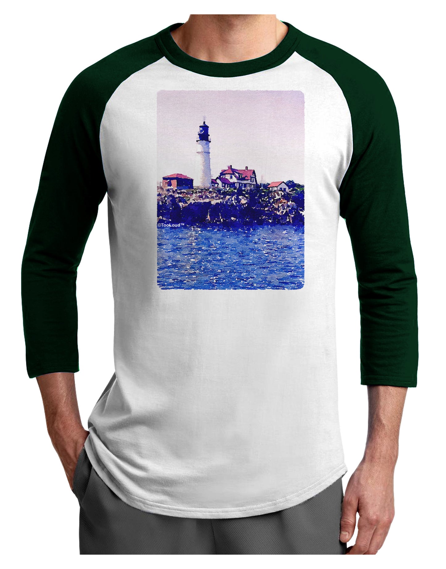 Watercolor Lighthouse 2 Adult Raglan Shirt-TooLoud-White-Forest-X-Small-Davson Sales