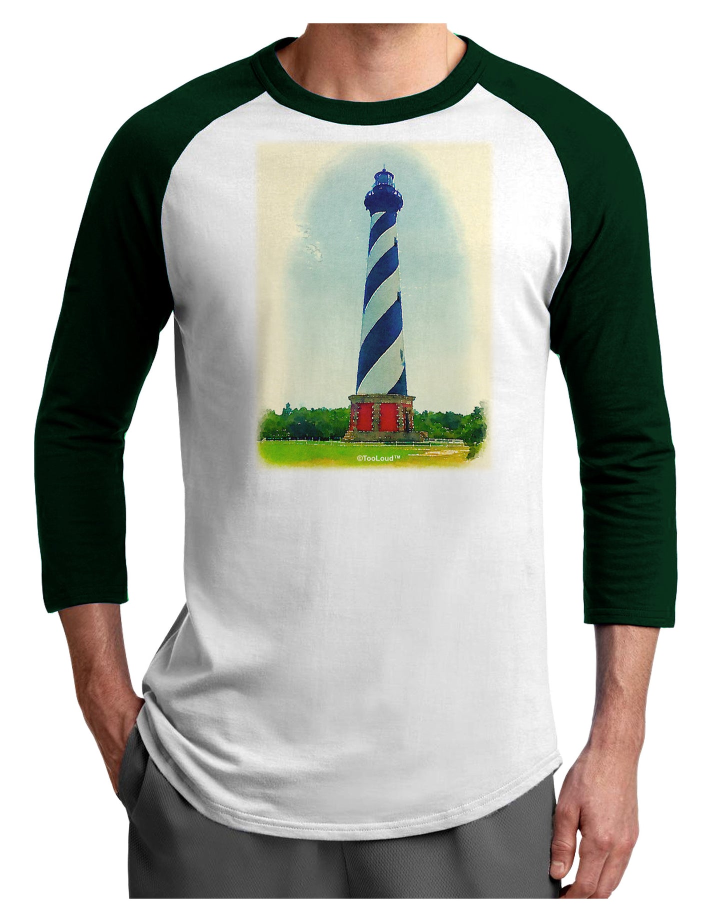 Watercolor Lighthouse 1 Adult Raglan Shirt-TooLoud-White-Forest-X-Small-Davson Sales
