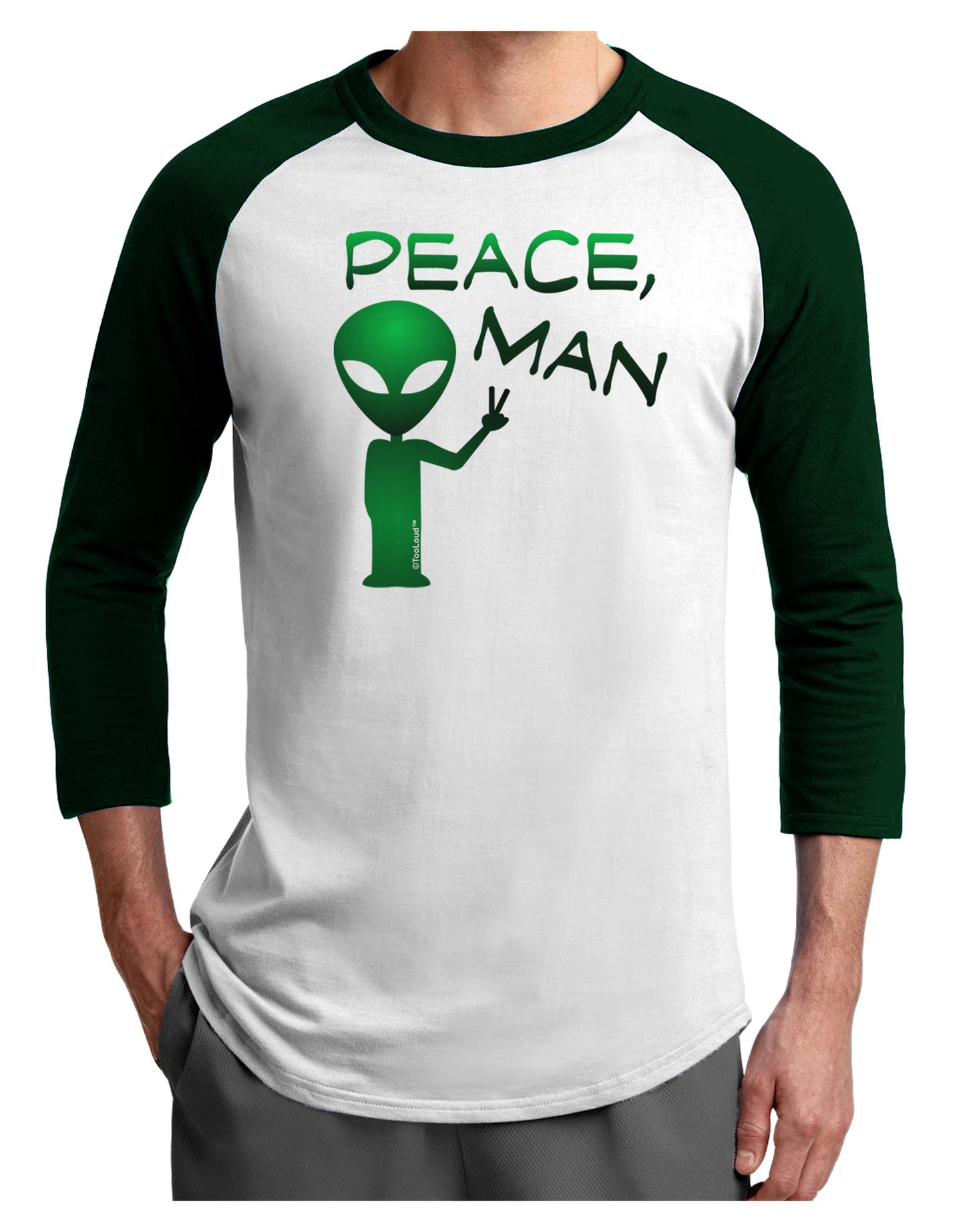 Peace Man Alien Adult Raglan Shirt-TooLoud-White-Forest-X-Small-Davson Sales