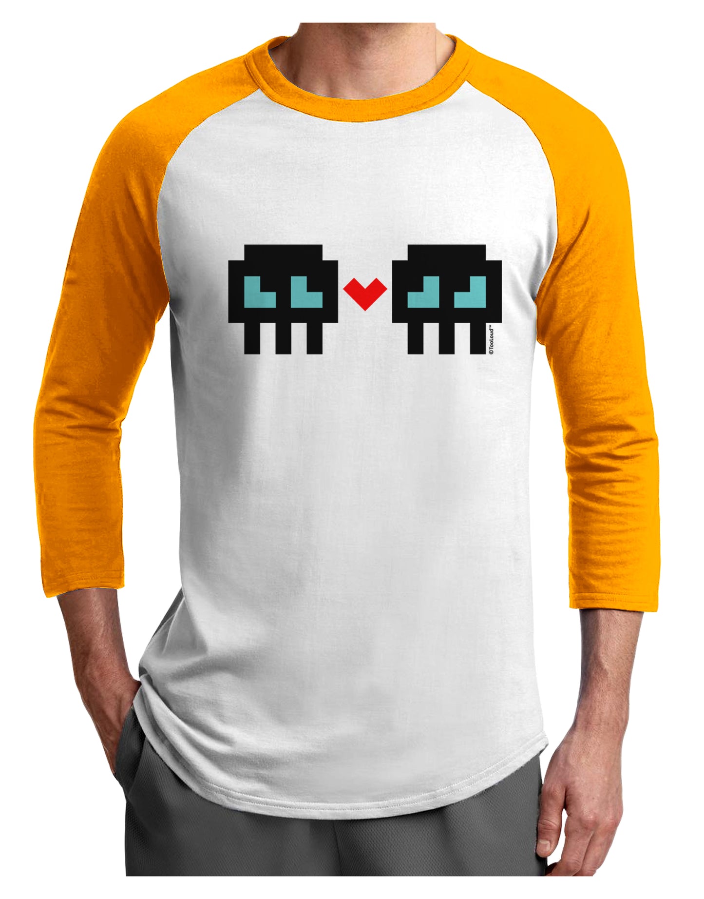 8-Bit Skull Love - Boy and Boy Adult Raglan Shirt-TooLoud-White-Gold-X-Small-Davson Sales