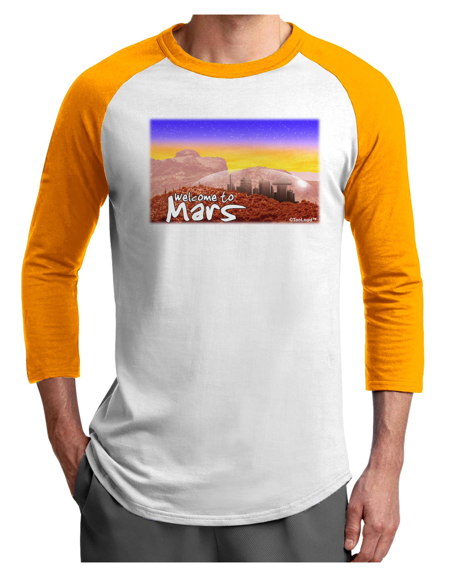 Welcome to Mars Adult Raglan Shirt-TooLoud-White-Gold-X-Small-Davson Sales