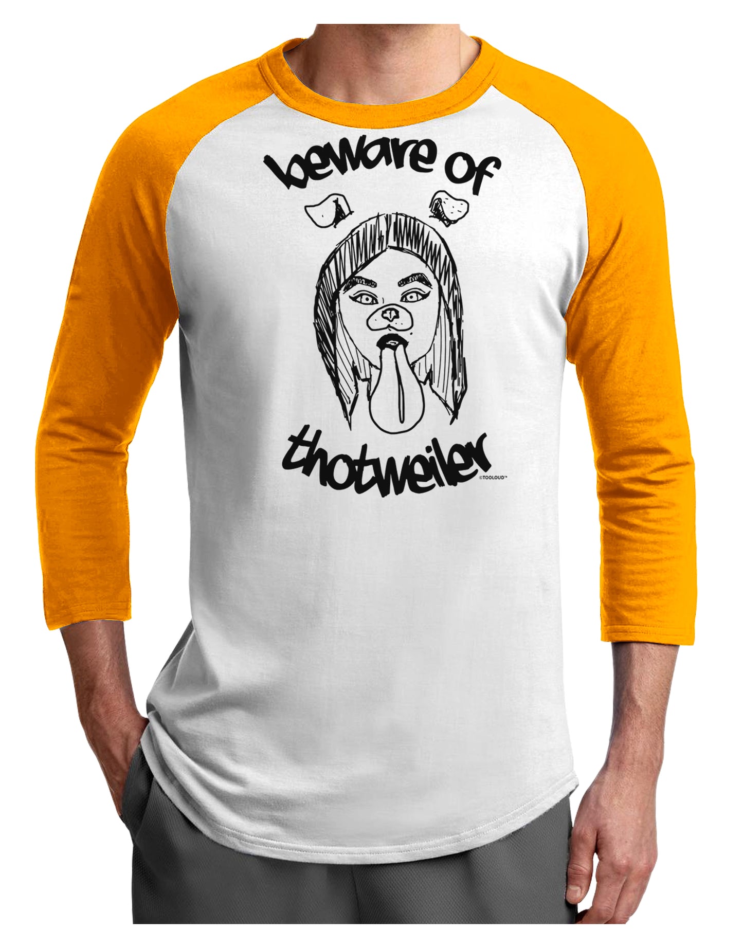 TooLoud Beware of Thotweiler Adult Raglan Shirt-Mens-Tshirts-TooLoud-White-Gold-X-Small-Davson Sales