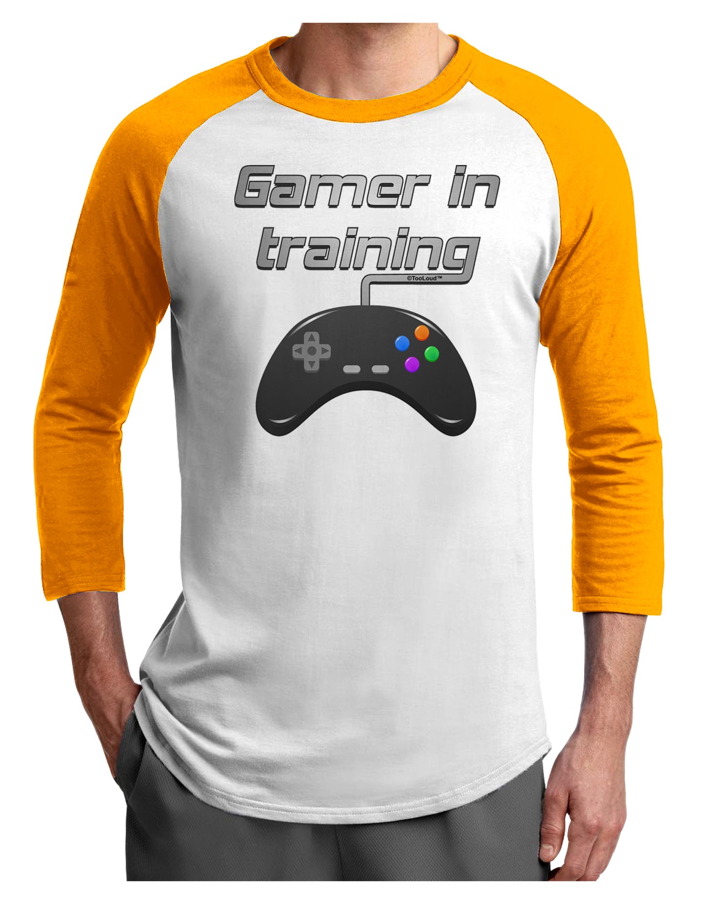 Gamer In Training Color Adult Raglan Shirt-TooLoud-White-Gold-X-Small-Davson Sales