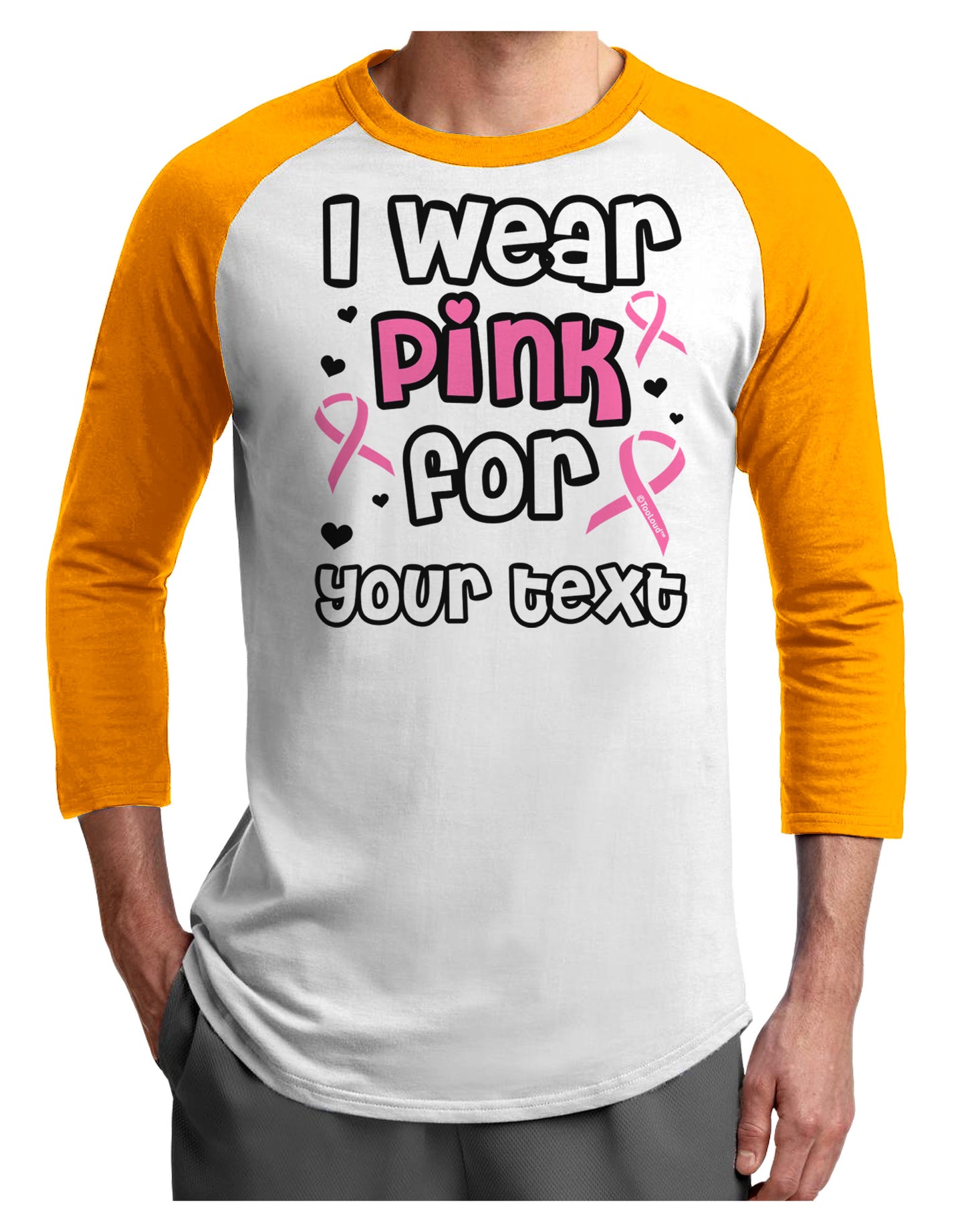 Personalized I Wear Pink for -Name- Breast Cancer Awareness Adult Raglan Shirt-TooLoud-White-Gold-X-Small-Davson Sales