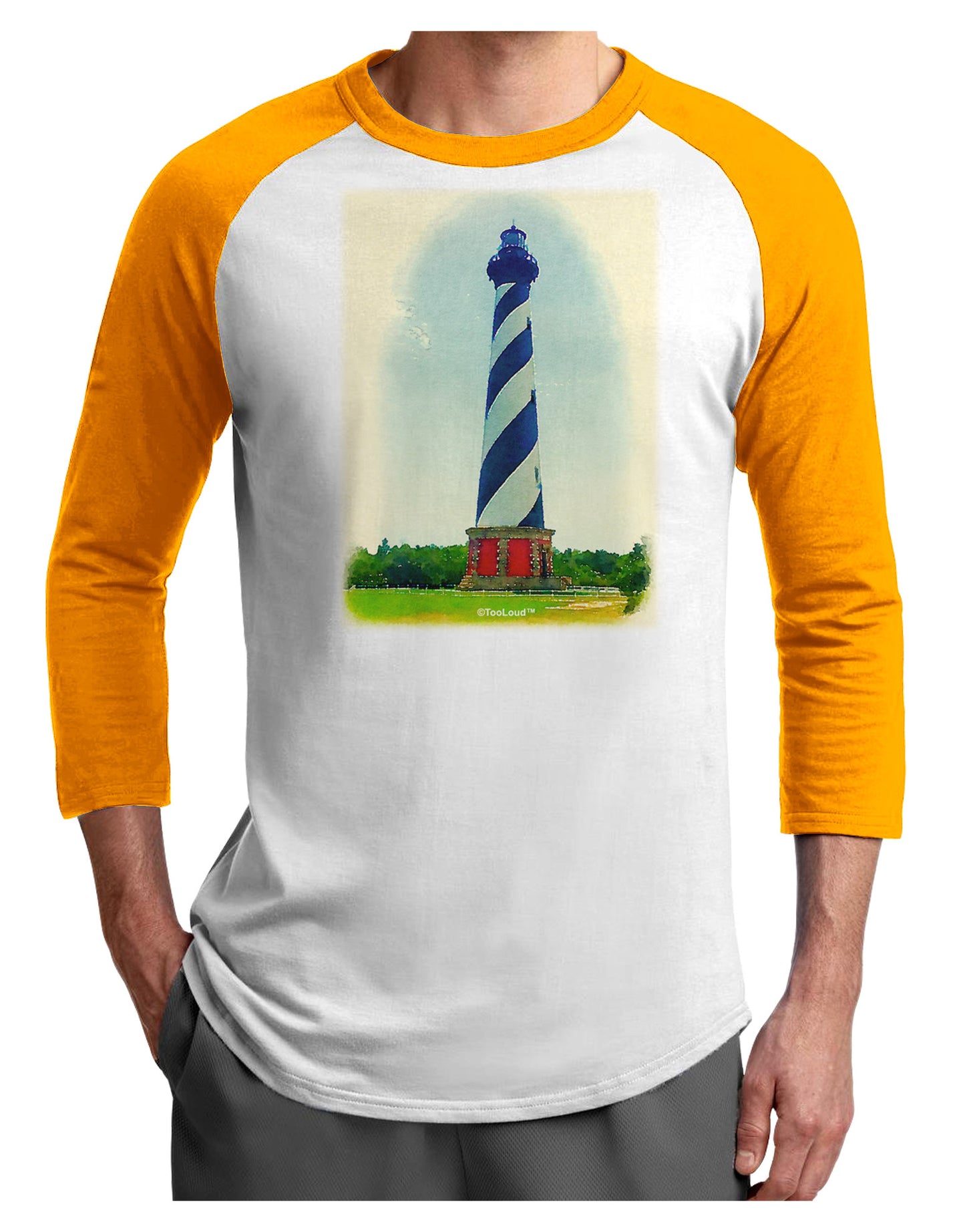 Watercolor Lighthouse 1 Adult Raglan Shirt-TooLoud-White-Gold-X-Small-Davson Sales