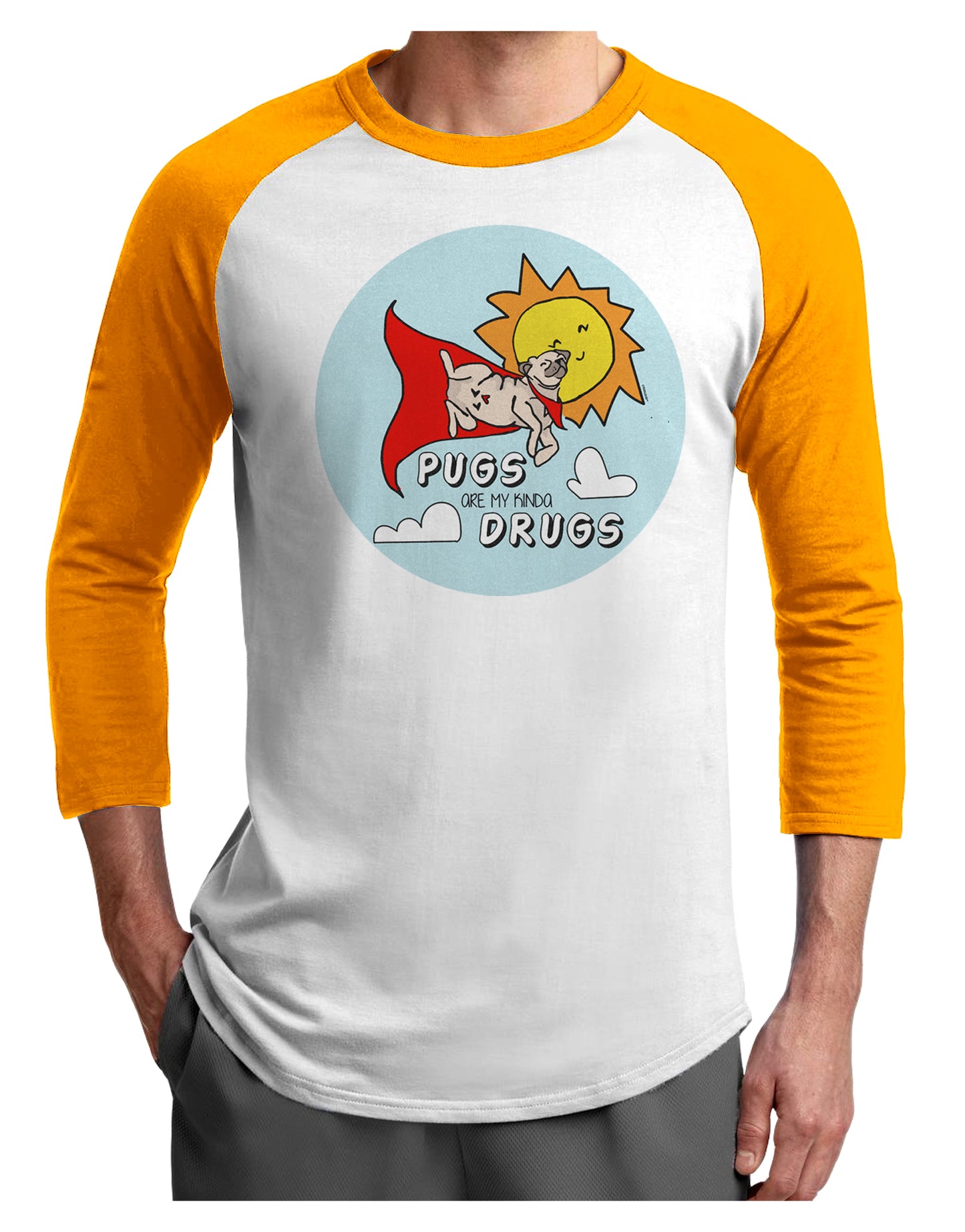 TooLoud Pugs Are My Kinda Drugs Adult Raglan Shirt-Mens-Tshirts-TooLoud-White-Gold-X-Small-Davson Sales