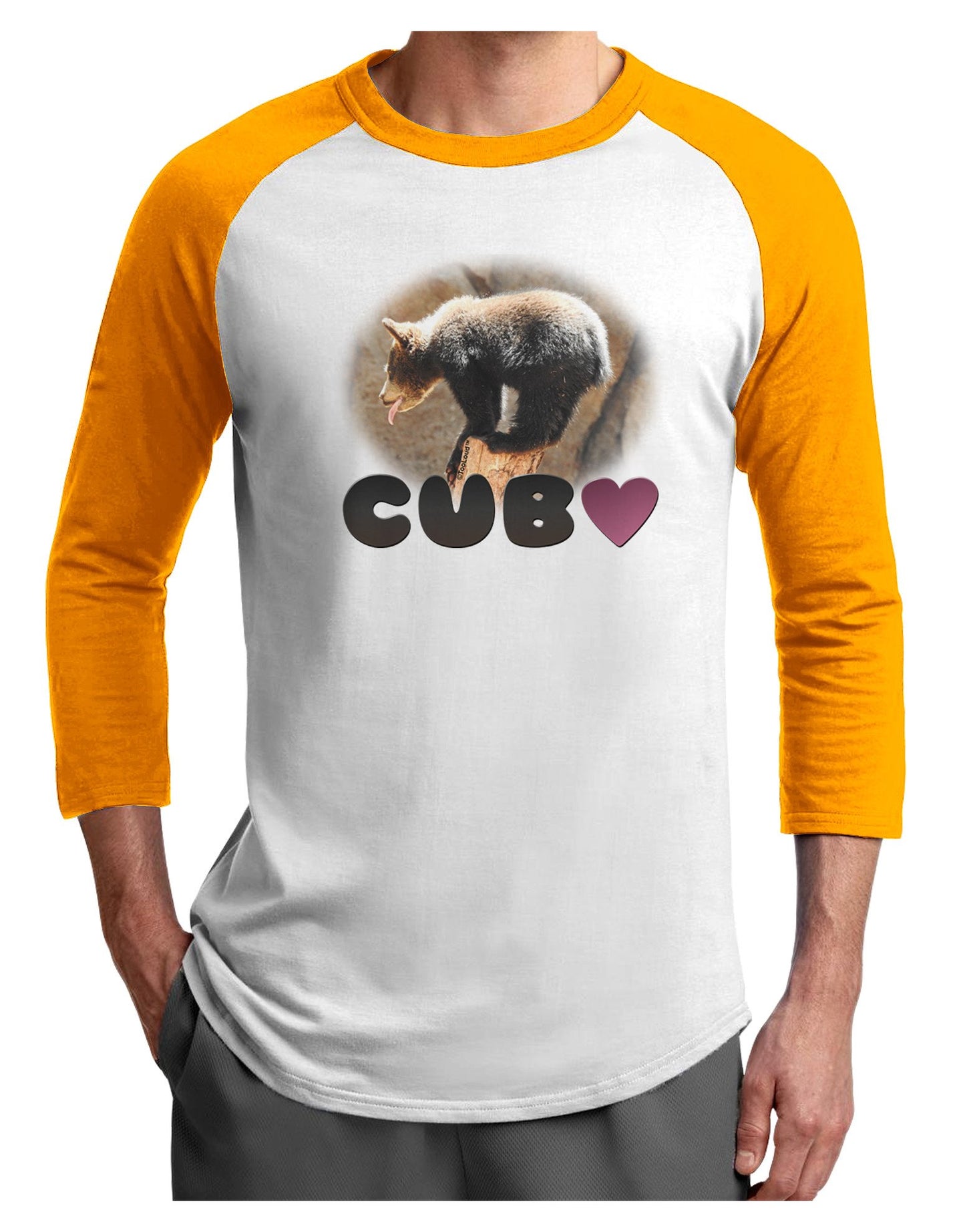 Balancing Bear Cub with Text Adult Raglan Shirt-TooLoud-White-Gold-XXX-Large-Davson Sales