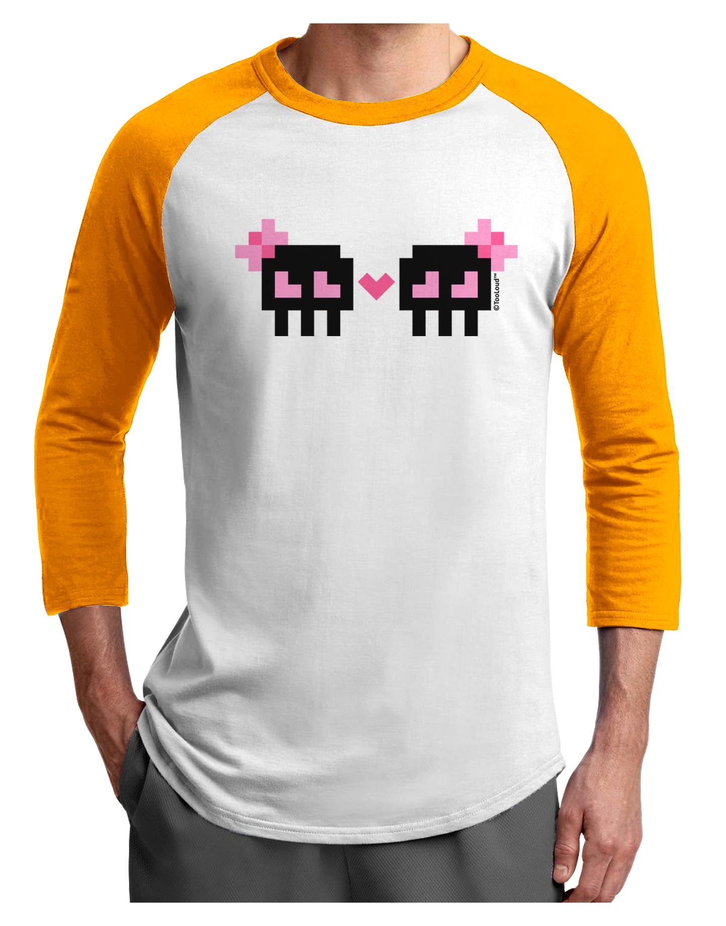 8-Bit Skull Love - Girl and Girl Adult Raglan Shirt-TooLoud-White-Gold-X-Small-Davson Sales