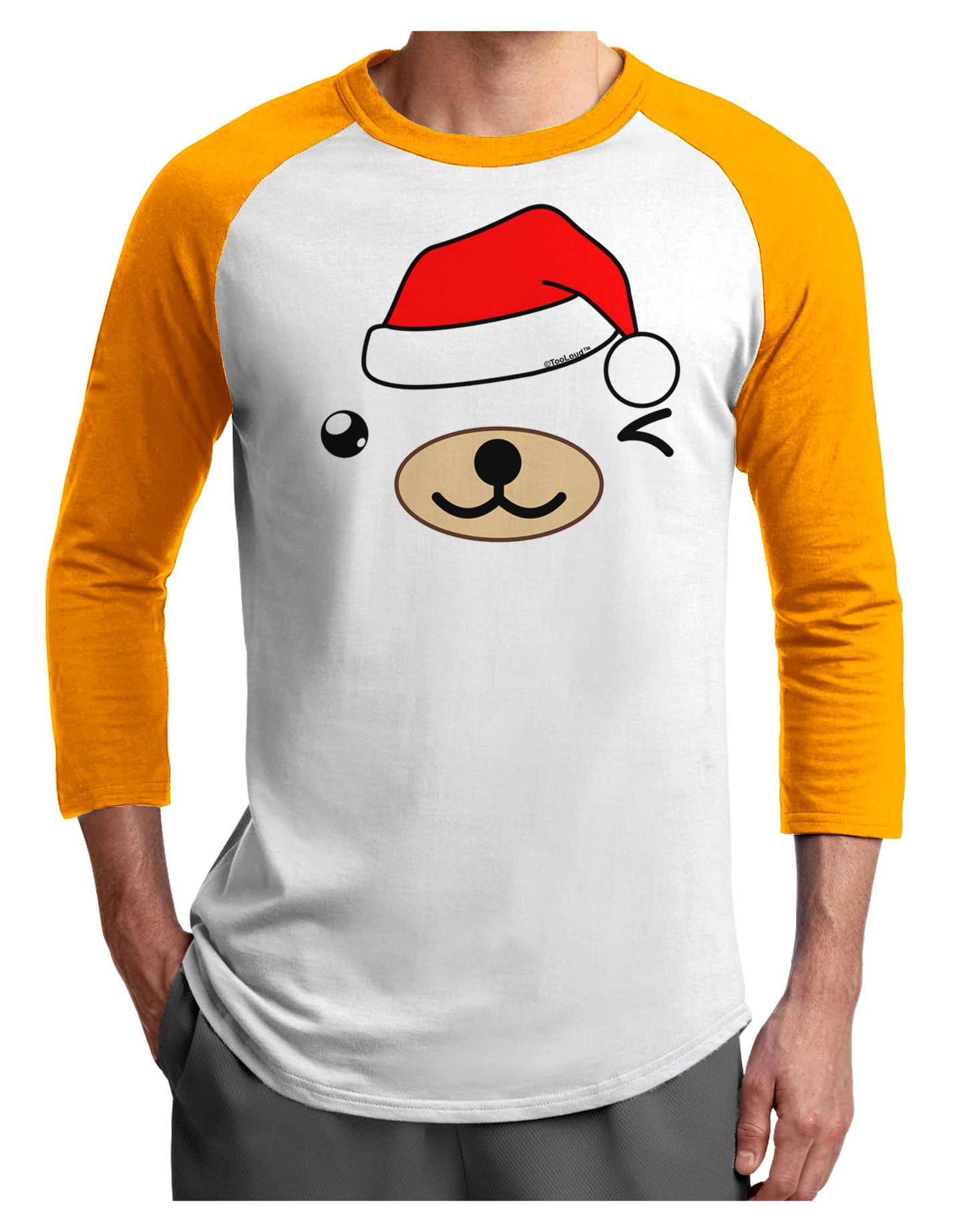 Kyu-T Face Beartholomew Santa Boy Bear Adult Raglan Shirt-Raglan Shirt-TooLoud-White-Gold-X-Small-Davson Sales
