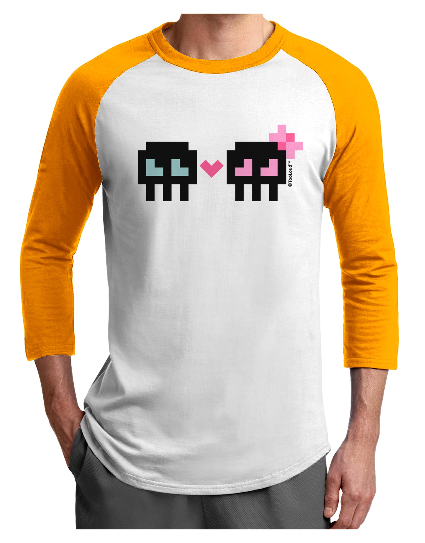 8-Bit Skull Love - Boy and Girl Adult Raglan Shirt-TooLoud-White-Gold-X-Small-Davson Sales