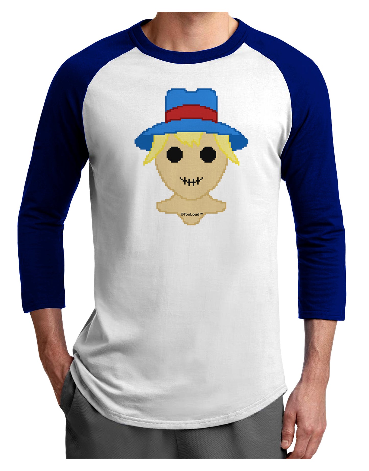 Cute Pixel Scarecrow Adult Raglan Shirt-TooLoud-White-Royal-X-Small-Davson Sales