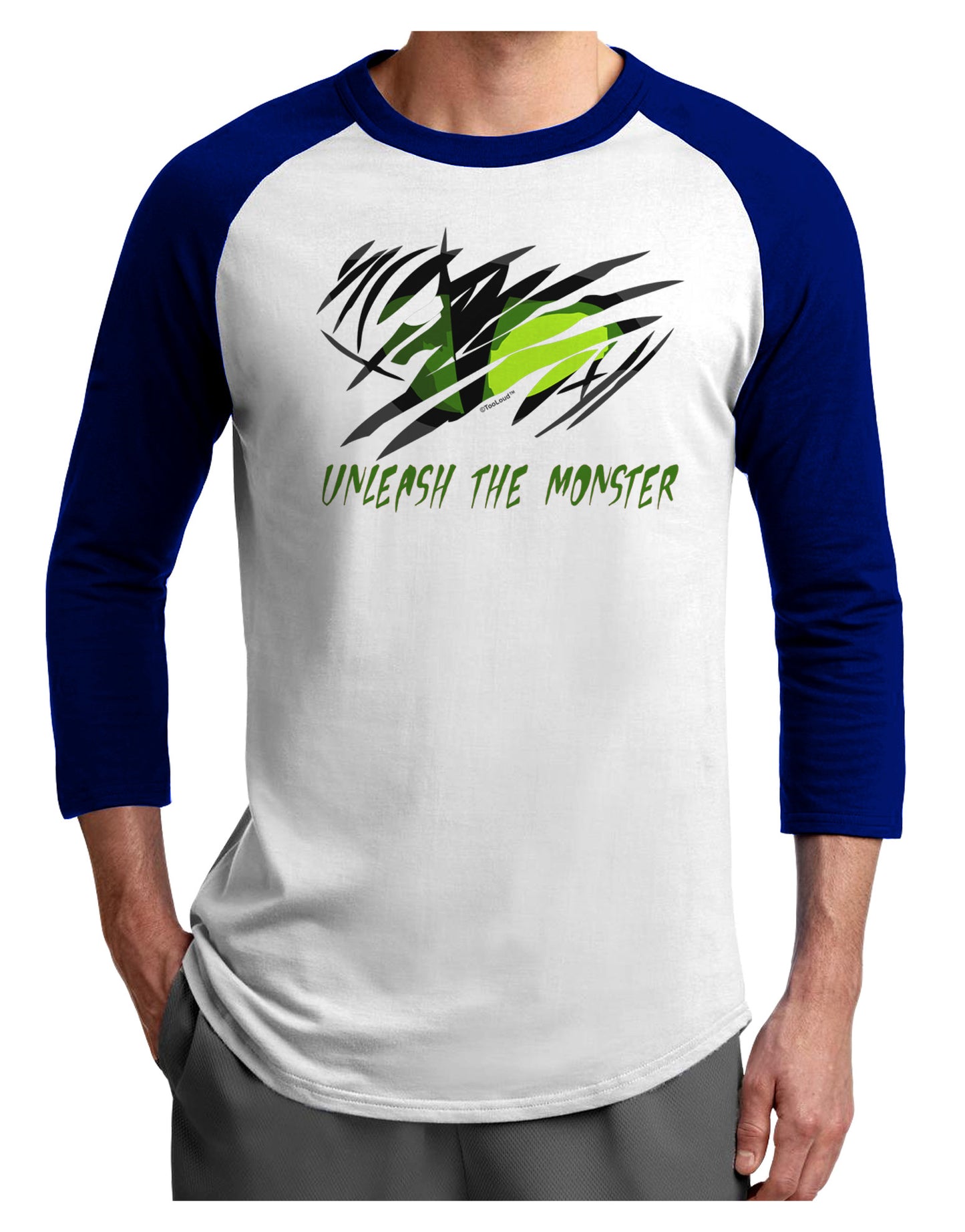TooLoud Unleash The Monster Adult Raglan Shirt-TooLoud-White-Royal-X-Small-Davson Sales