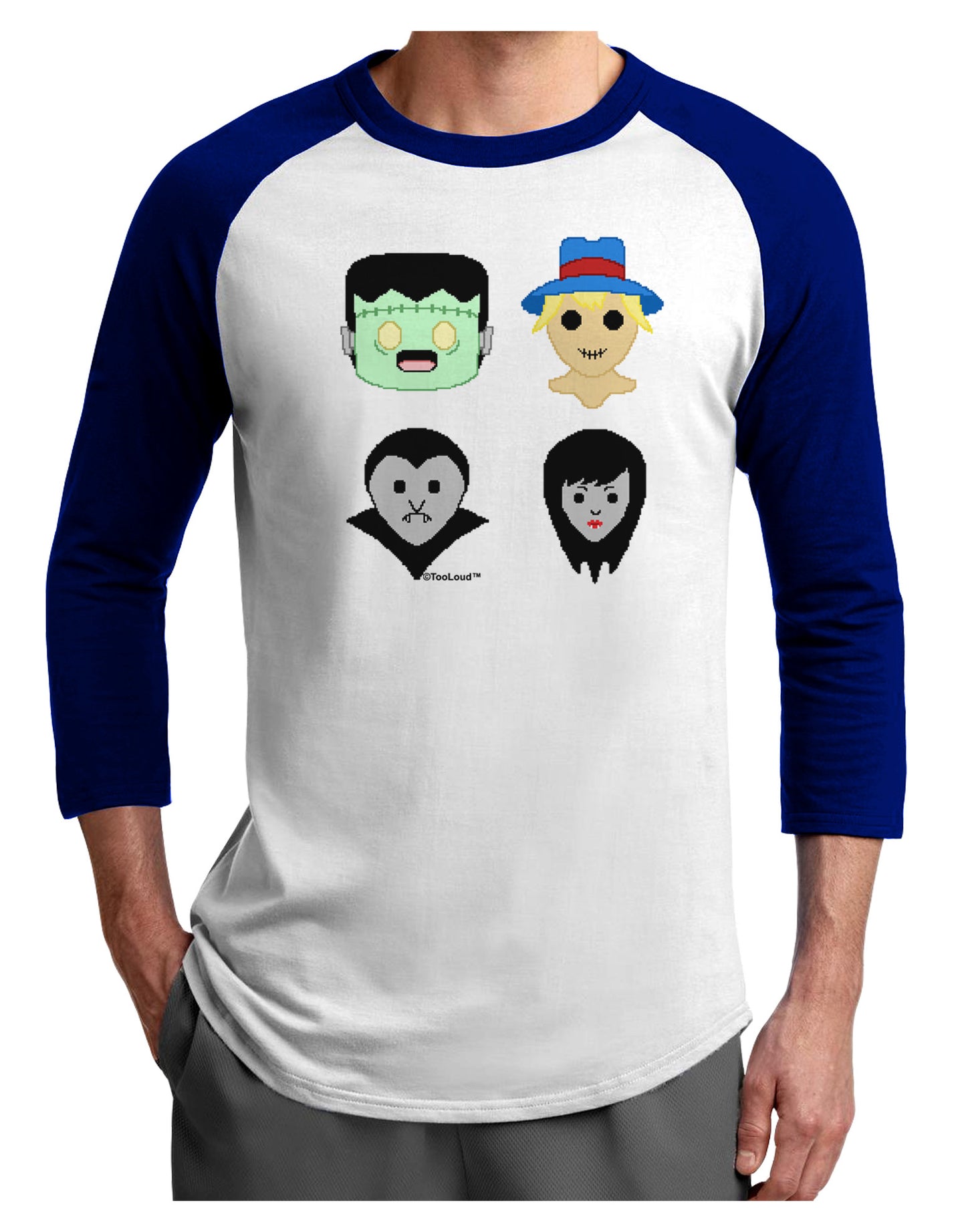 Cute Pixel Monsters Adult Raglan Shirt-TooLoud-White-Royal-X-Small-Davson Sales
