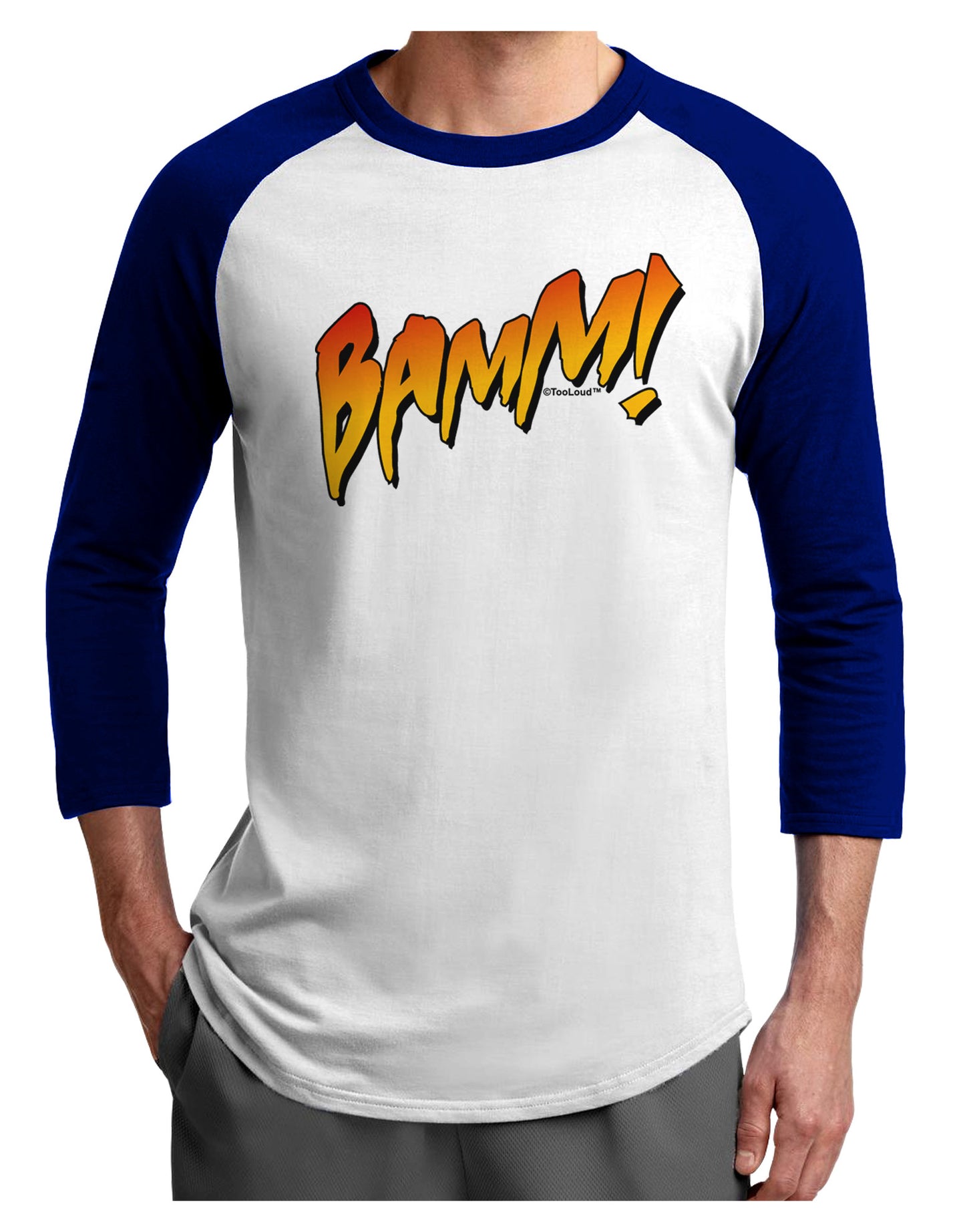 Onomatopoeia BAMM Adult Raglan Shirt-TooLoud-White-Royal-X-Small-Davson Sales