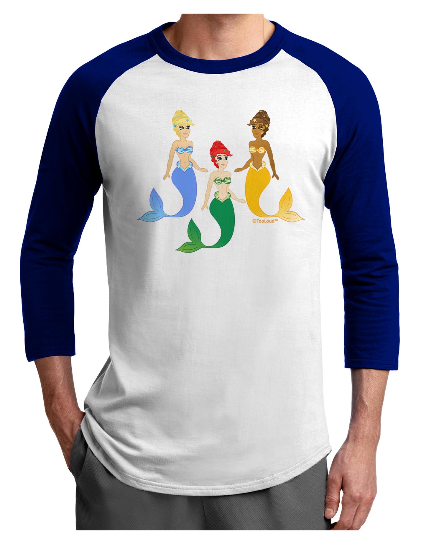 Three Mermaids Adult Raglan Shirt-TooLoud-White-Royal-X-Small-Davson Sales