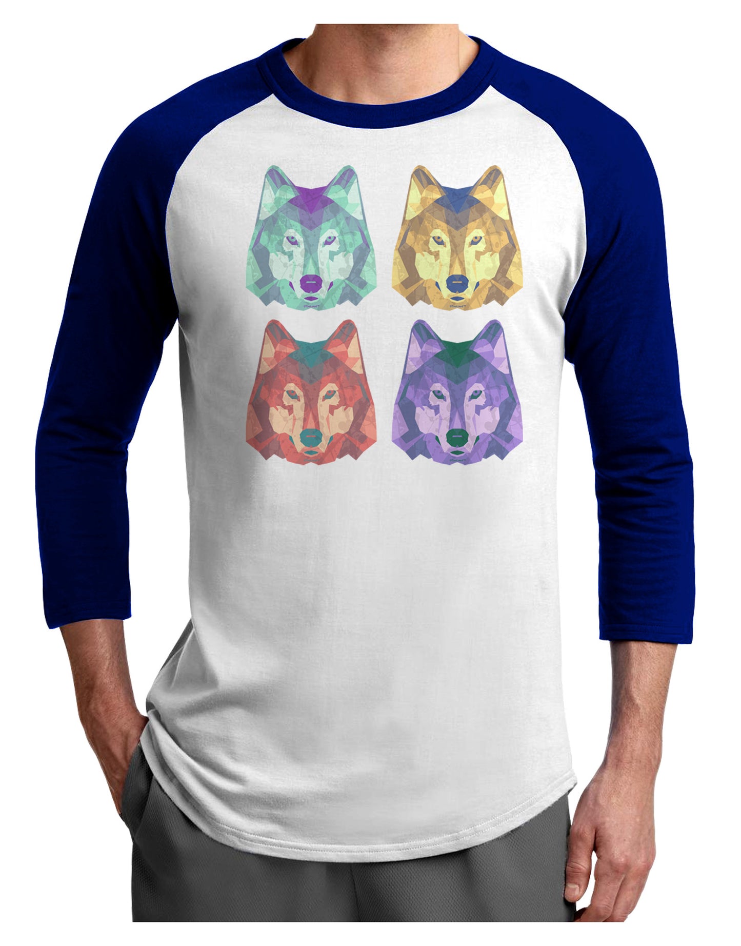 Geometric Wolf Head Pop Art Adult Raglan Shirt-TooLoud-White-Royal-X-Small-Davson Sales