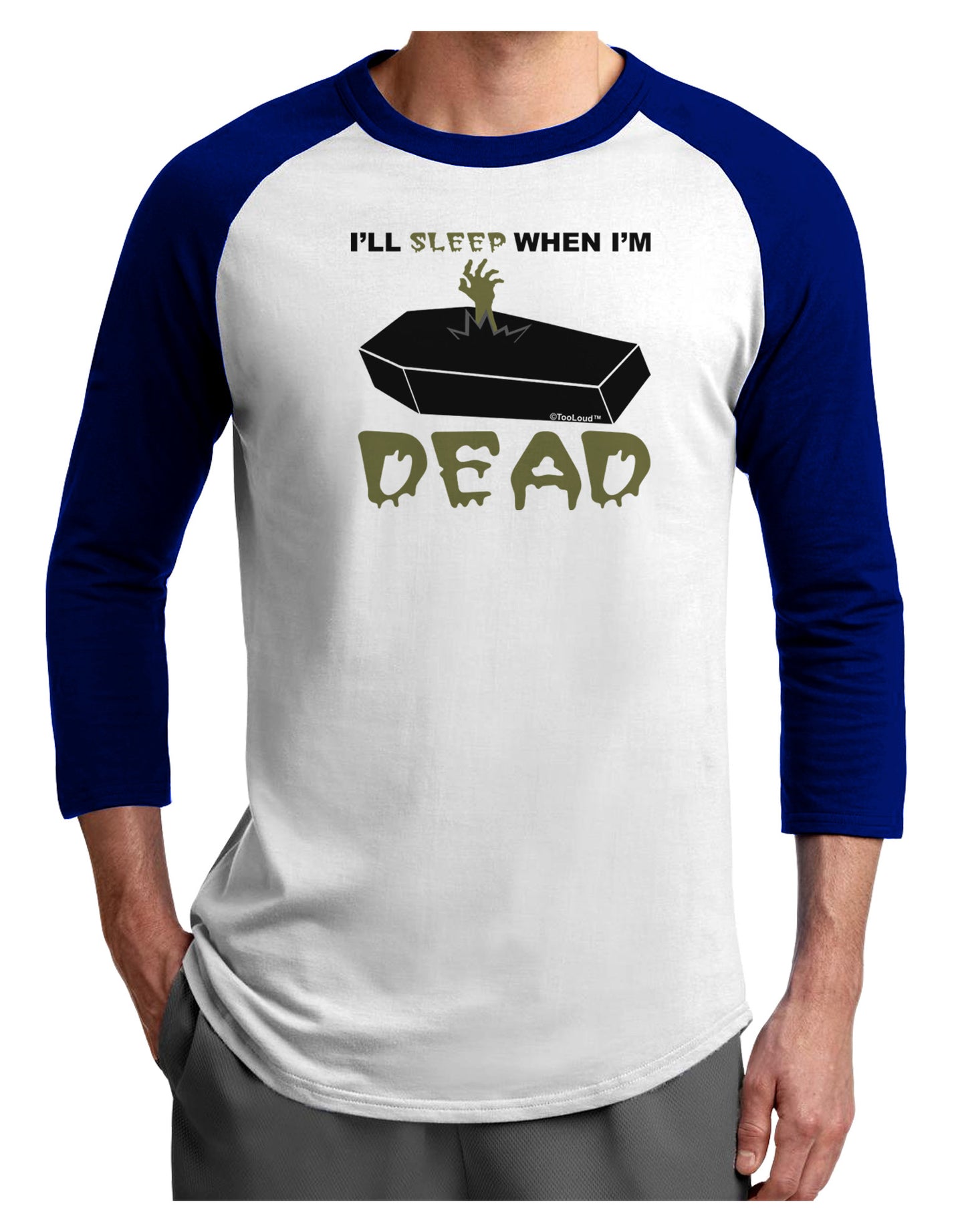 Sleep When Dead Coffin Adult Raglan Shirt-TooLoud-White-Royal-X-Small-Davson Sales
