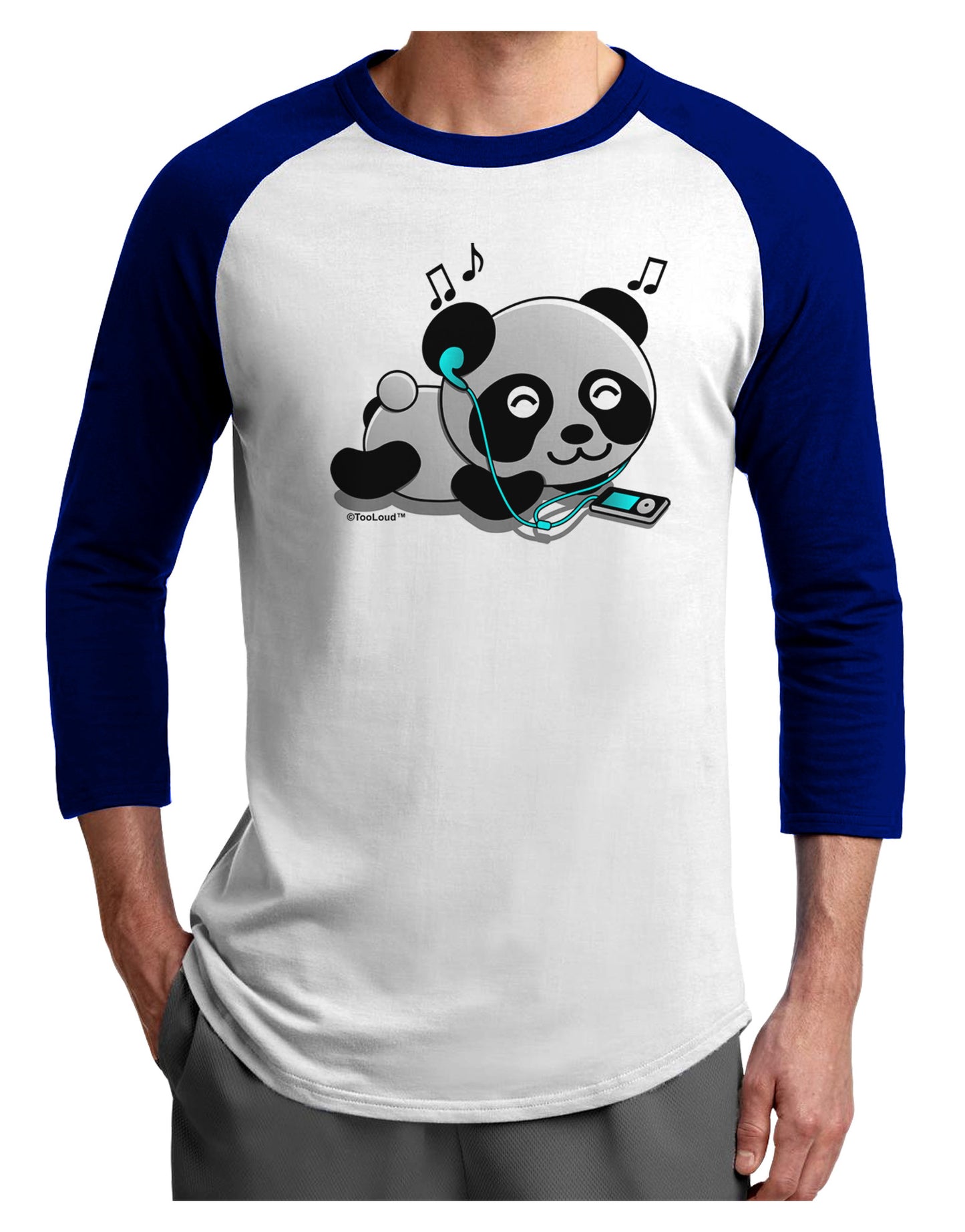 Cute Panda With Ear Buds Adult Raglan Shirt-TooLoud-White-Royal-X-Small-Davson Sales