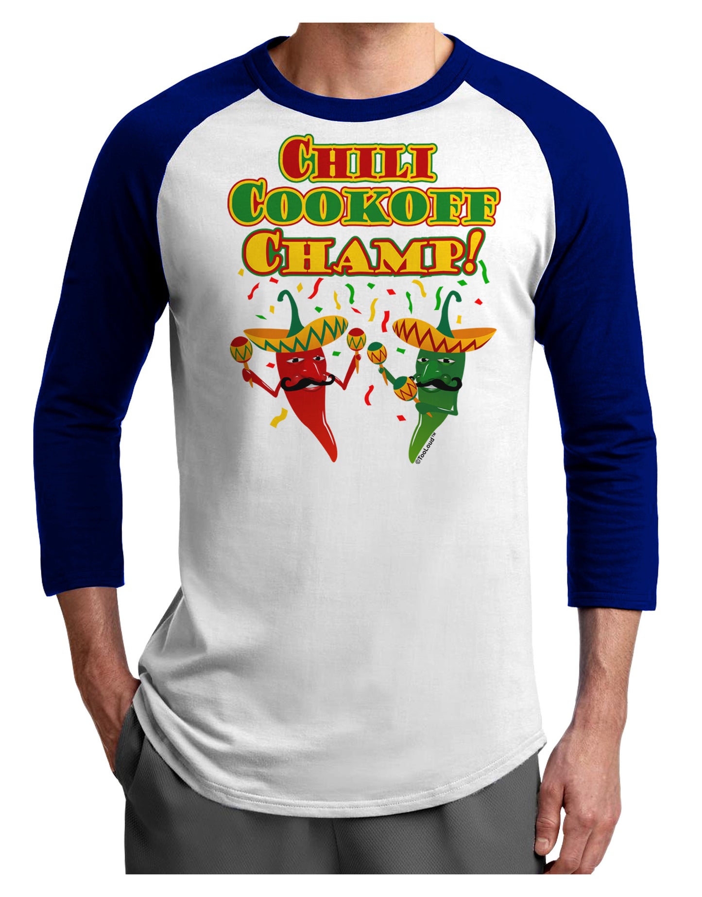 Chili Cookoff Champ! Chile Peppers Adult Raglan Shirt-TooLoud-White-Royal-X-Small-Davson Sales