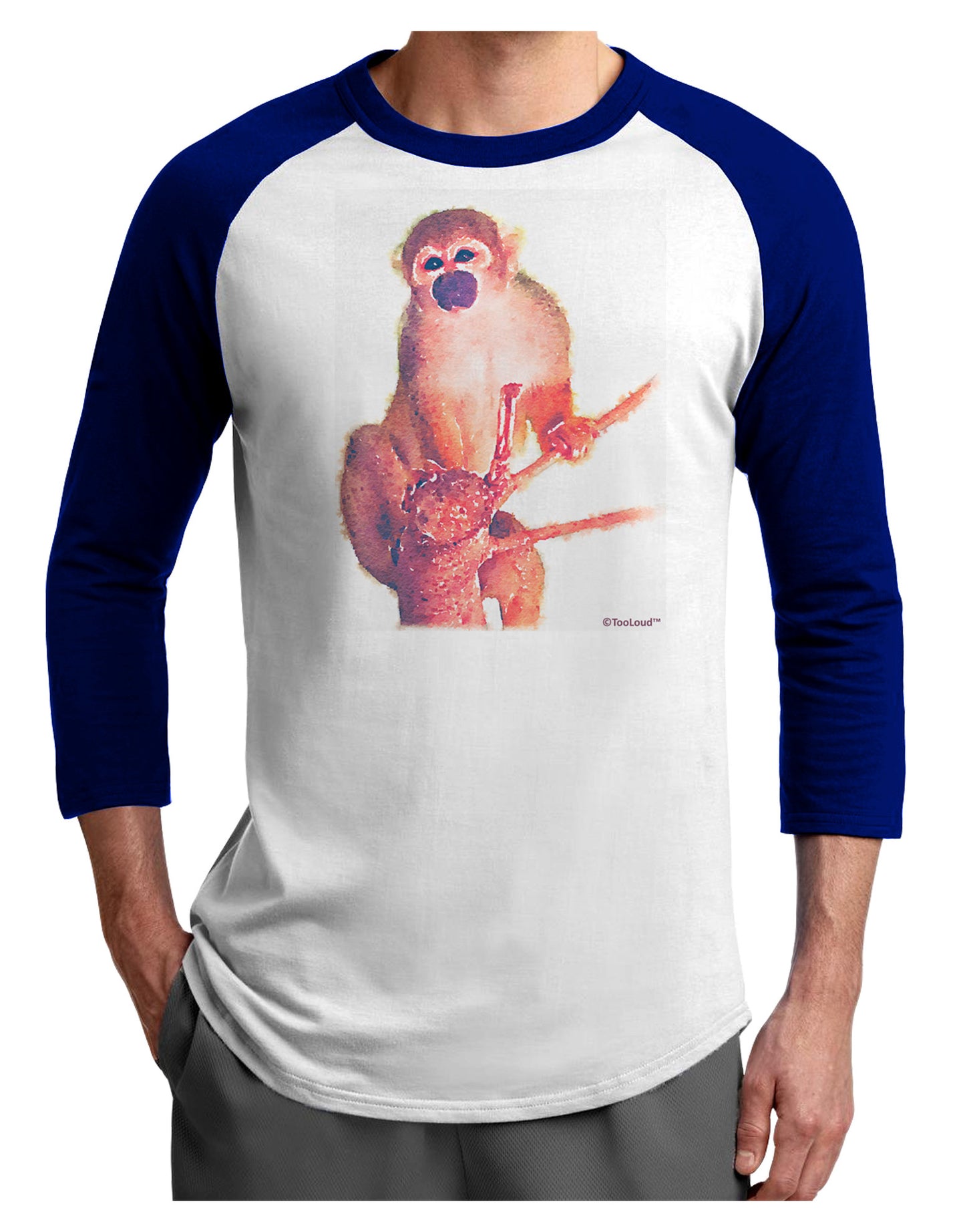 Monkey in Tree Watercolor Adult Raglan Shirt-TooLoud-White-Royal-X-Small-Davson Sales