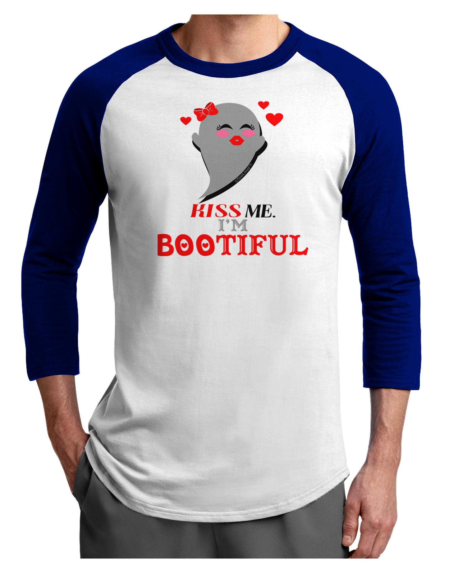 Kiss Me BOOtiful Ghost Red Adult Raglan Shirt-Raglan Shirt-TooLoud-White-Royal-X-Small-Davson Sales