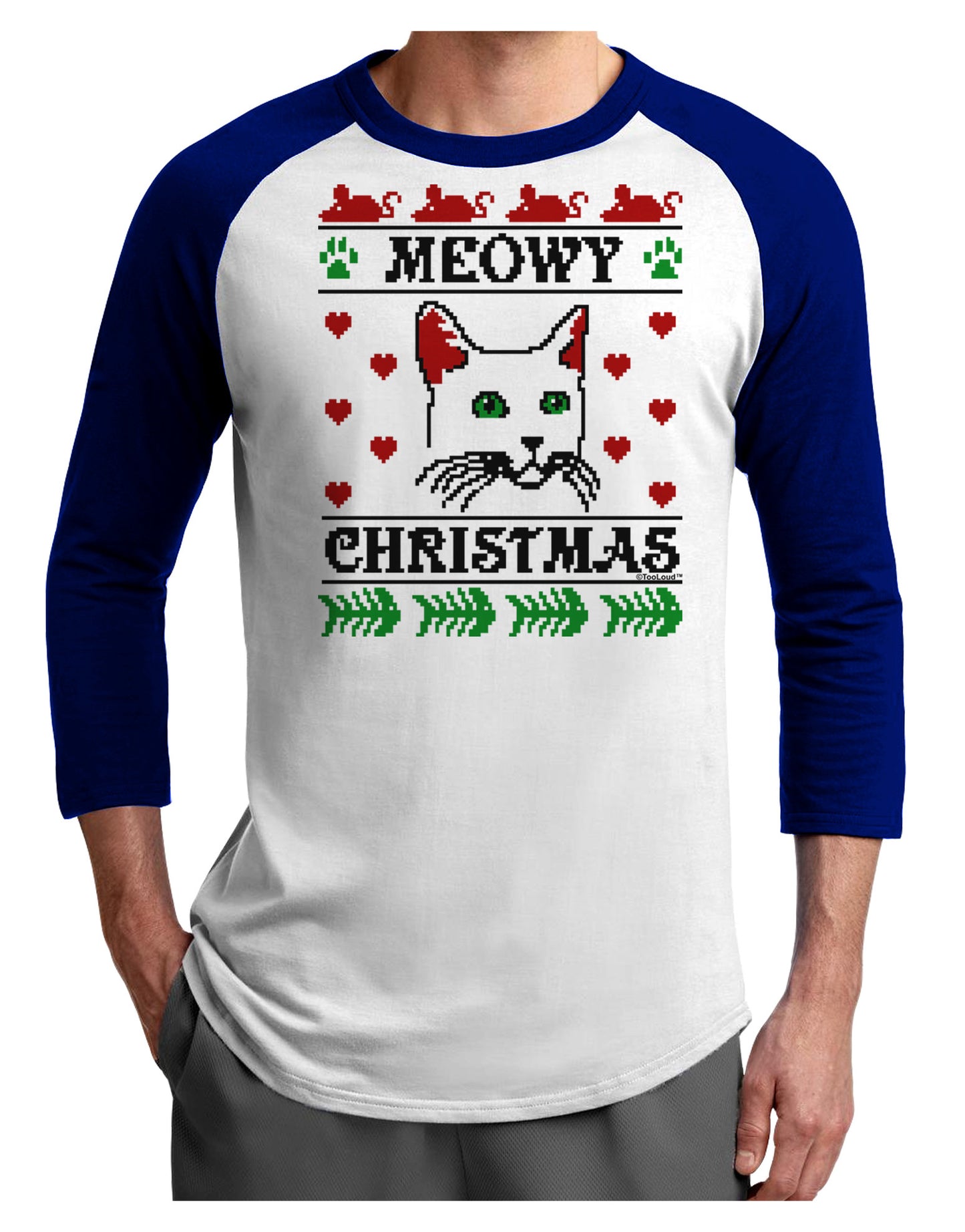 Meowy Christmas Cat Knit Look Adult Raglan Shirt by-Raglan Shirt-TooLoud-White-Royal-X-Small-Davson Sales