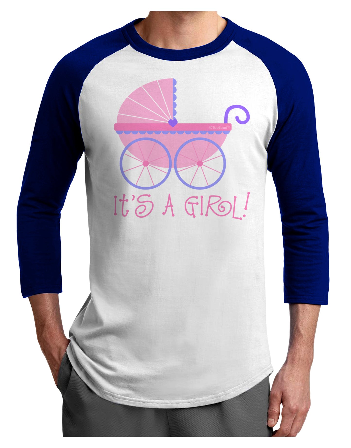 It's a Girl - Baby Carriage Adult Raglan Shirt-TooLoud-White-Royal-X-Small-Davson Sales