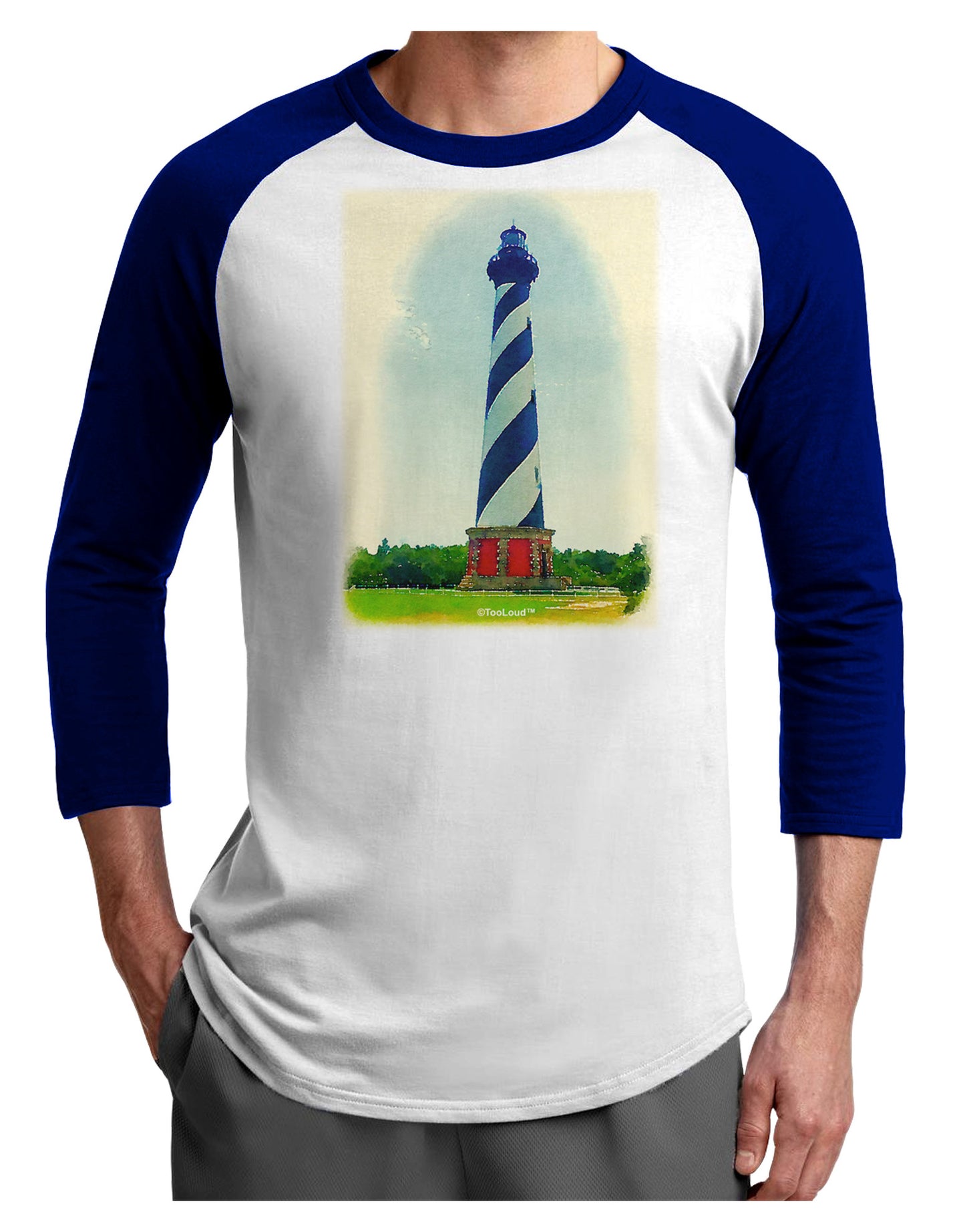 Watercolor Lighthouse 1 Adult Raglan Shirt-TooLoud-White-Royal-X-Small-Davson Sales