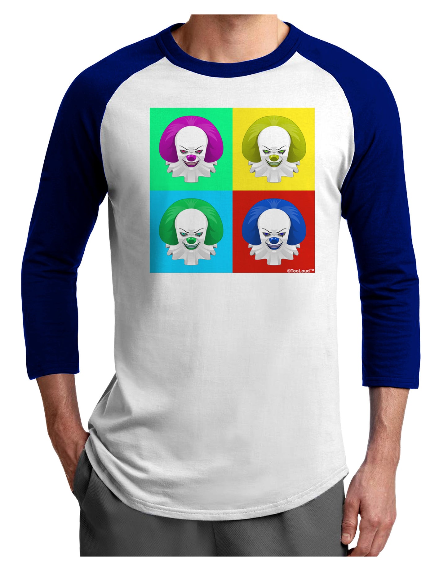 Clown Face Pop Art 2 Adult Raglan Shirt-TooLoud-White-Royal-X-Small-Davson Sales