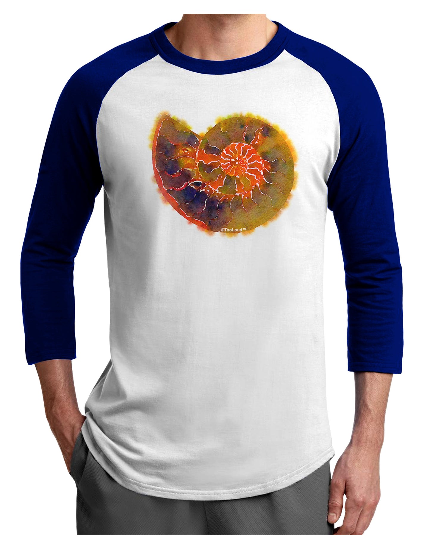 Nautilus Fossil Watercolor Adult Raglan Shirt-TooLoud-White-Royal-X-Small-Davson Sales