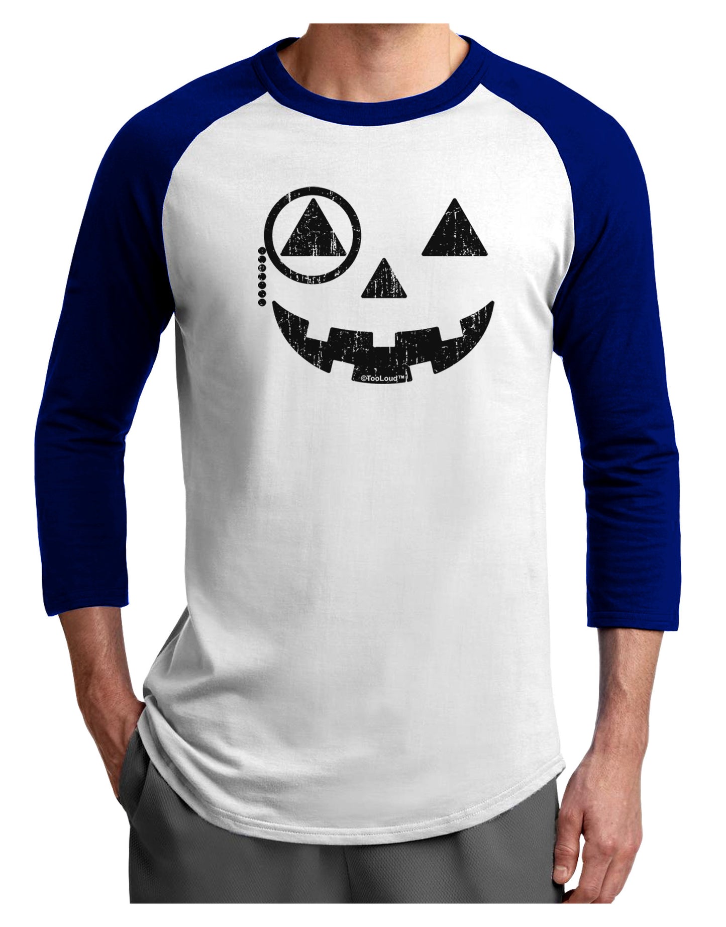 Monocle Jack-o-Lantern Distressed Adult Raglan Shirt-TooLoud-White-Royal-X-Small-Davson Sales