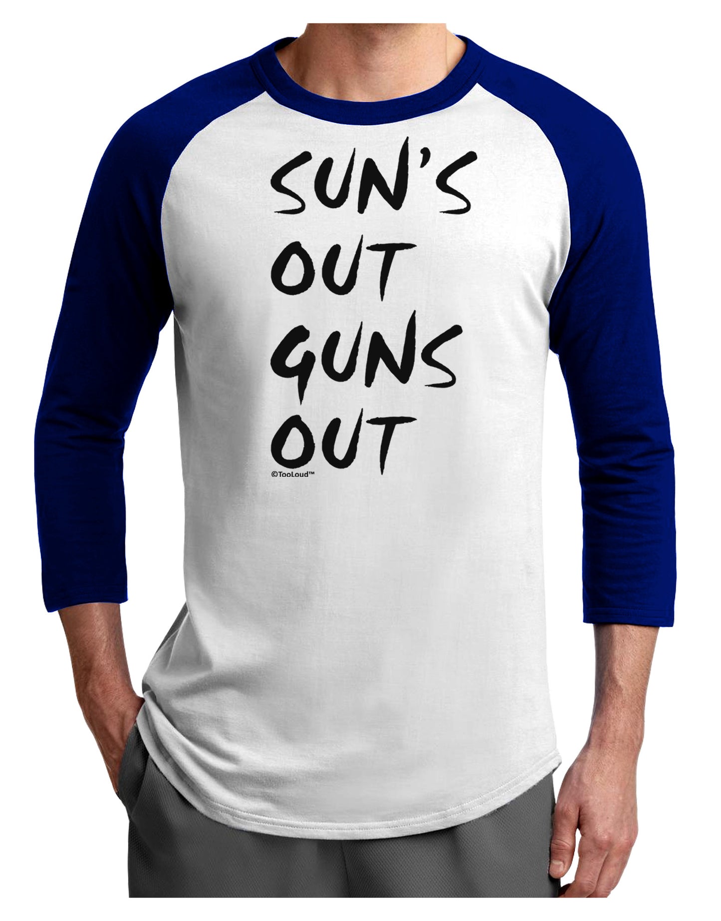 Suns Out Guns Out Adult Raglan Shirt-TooLoud-White-Royal-X-Small-Davson Sales