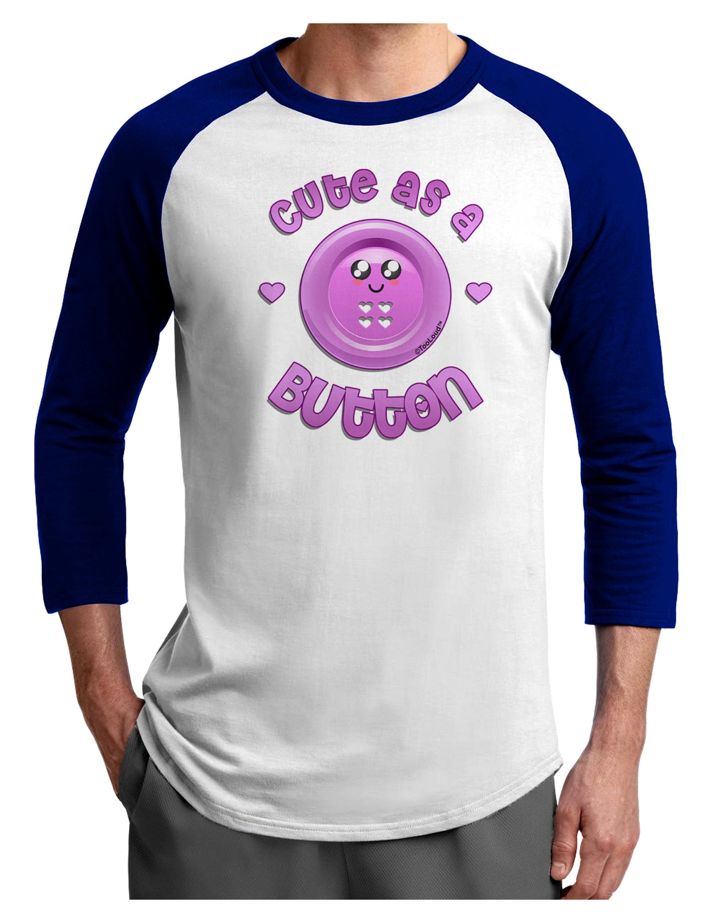 Cute As A Button Smiley Face Adult Raglan Shirt-TooLoud-White-Royal-X-Small-Davson Sales
