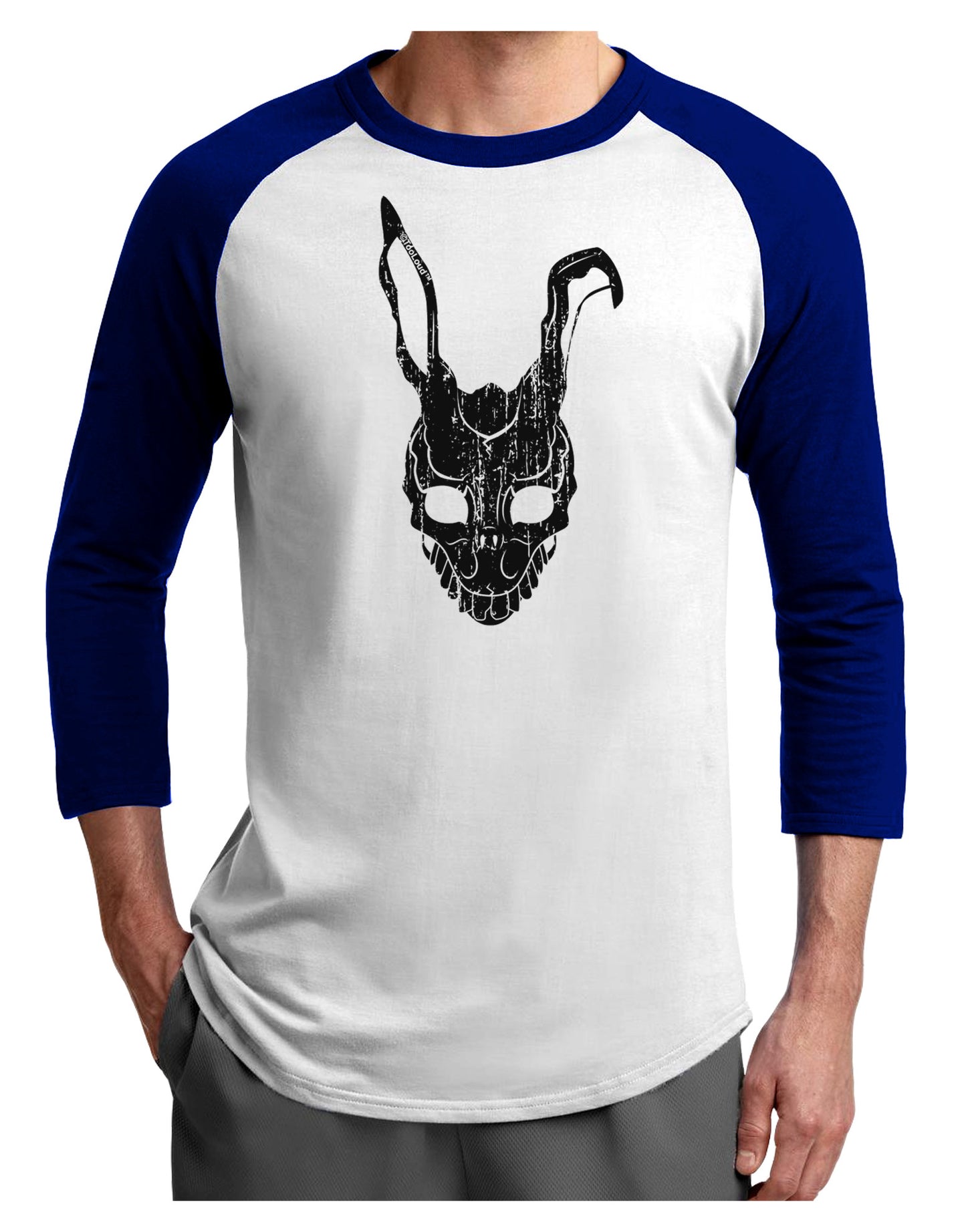 Scary Bunny Face Black Distressed Adult Raglan Shirt-TooLoud-White-Royal-X-Small-Davson Sales