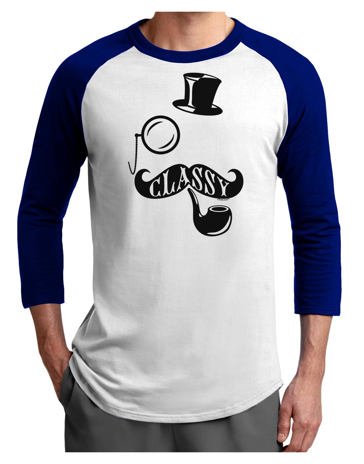 Classy Tophat Mustache Pipe and Monocle Adult Raglan Shirt-Raglan Shirt-TooLoud-White-Royal-X-Small-Davson Sales