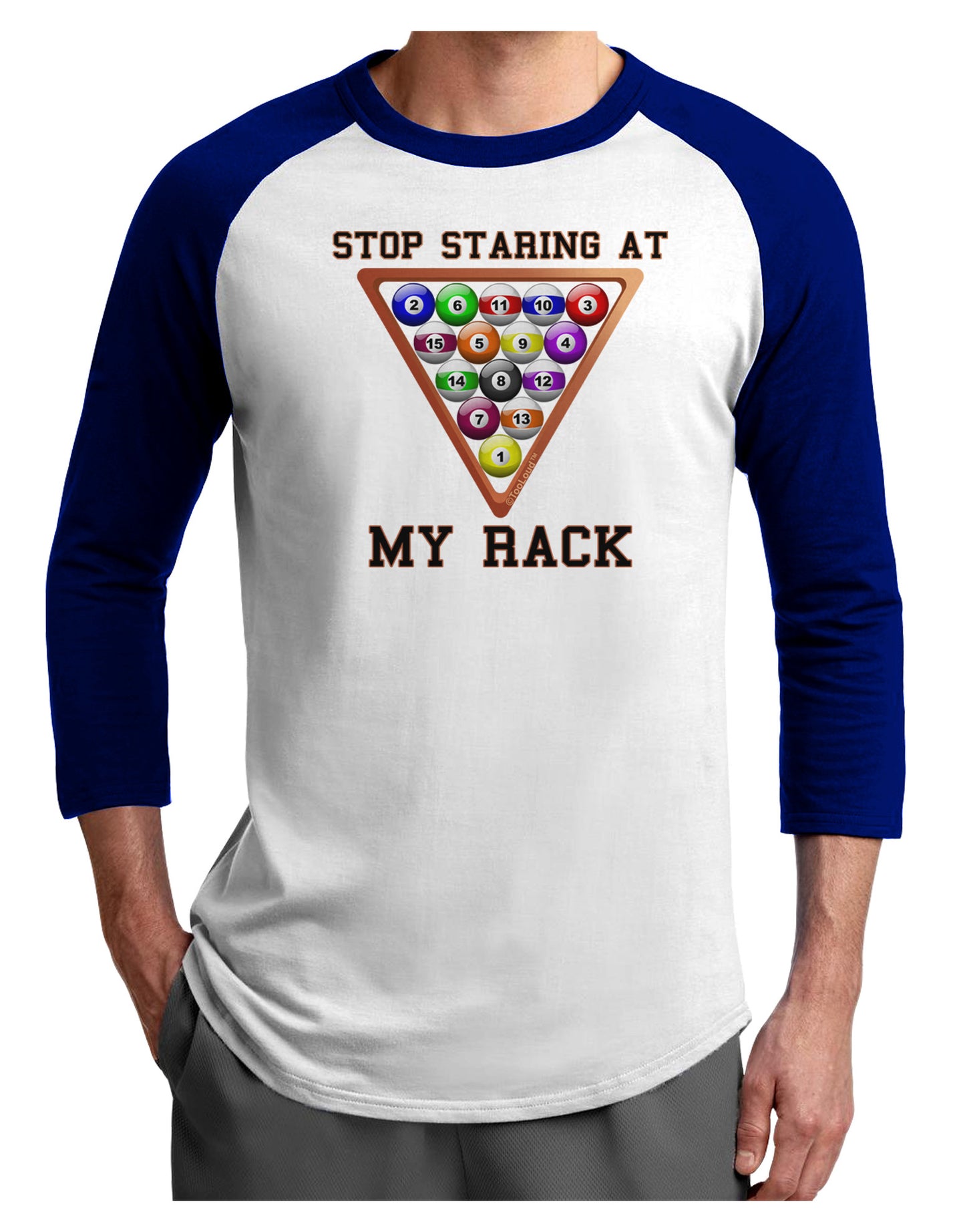 Stop Staring At My Rack - Pool Adult Raglan Shirt-Raglan Shirt-TooLoud-White-Royal-X-Small-Davson Sales
