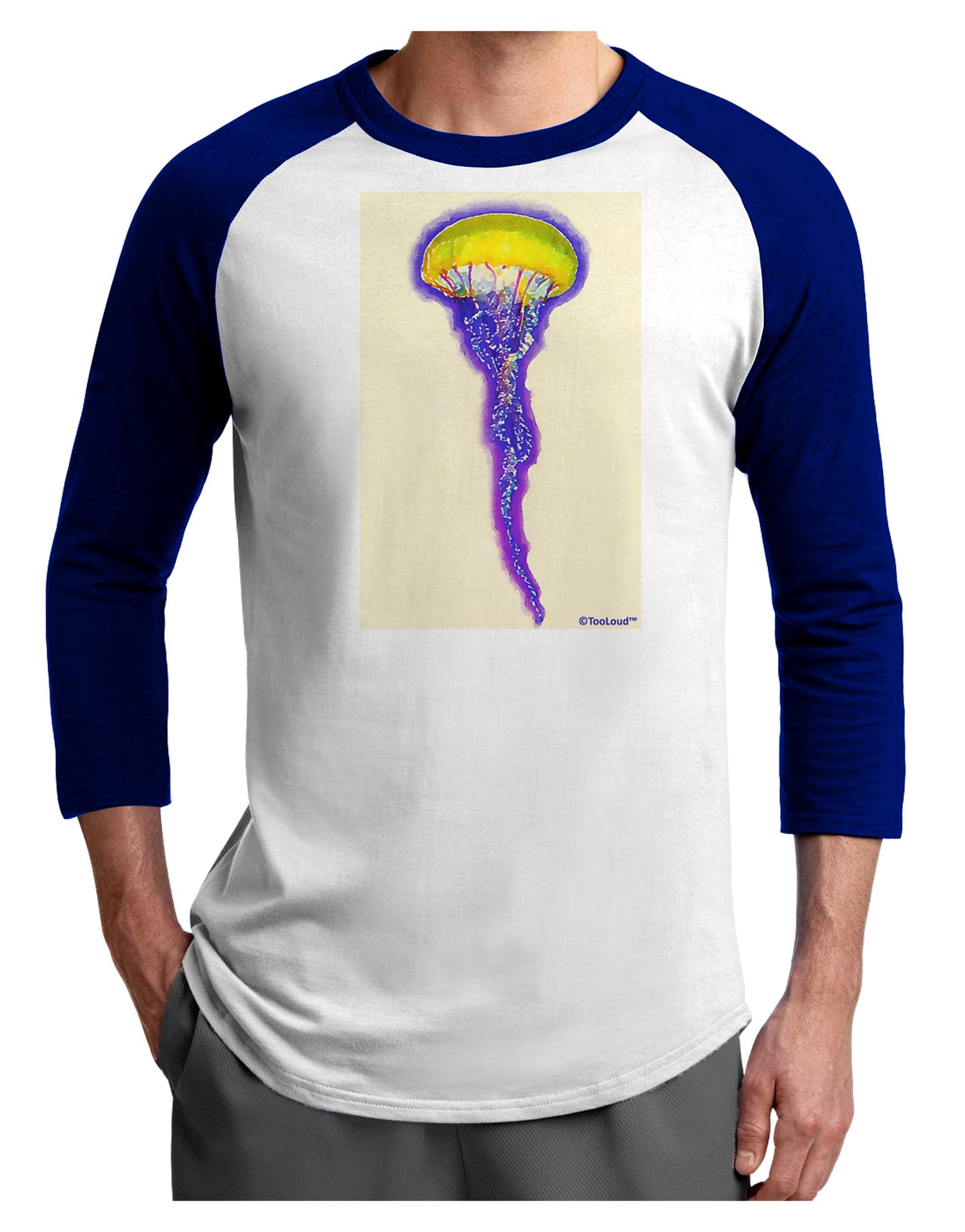 Jellyfish Outlined in Purple Watercolor Adult Raglan Shirt-TooLoud-White-Royal-X-Small-Davson Sales