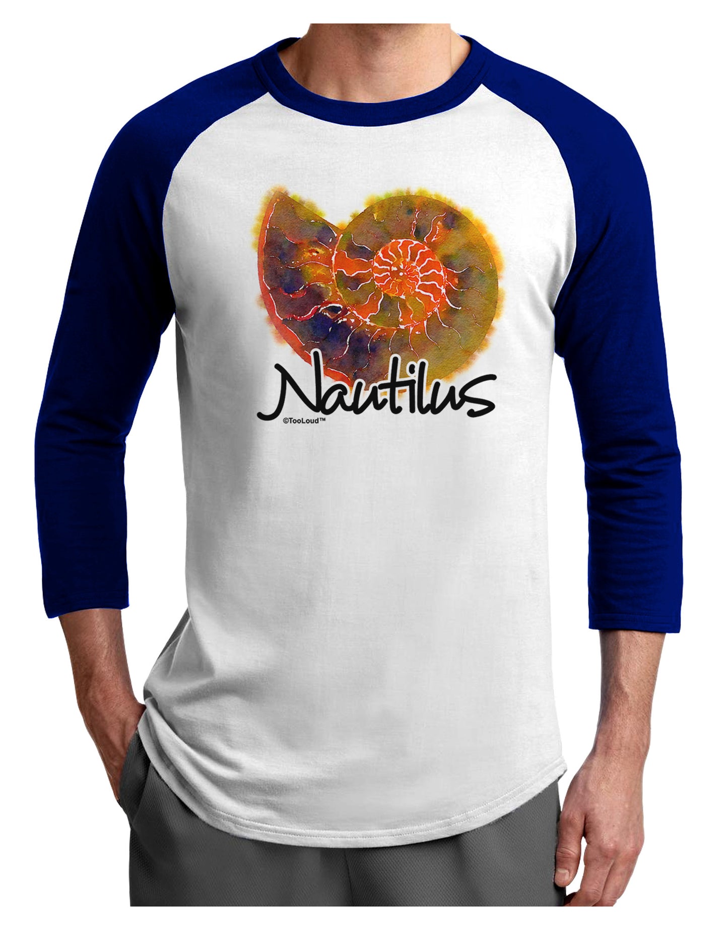 Nautilus Fossil Watercolor Text Adult Raglan Shirt-TooLoud-White-Royal-X-Small-Davson Sales