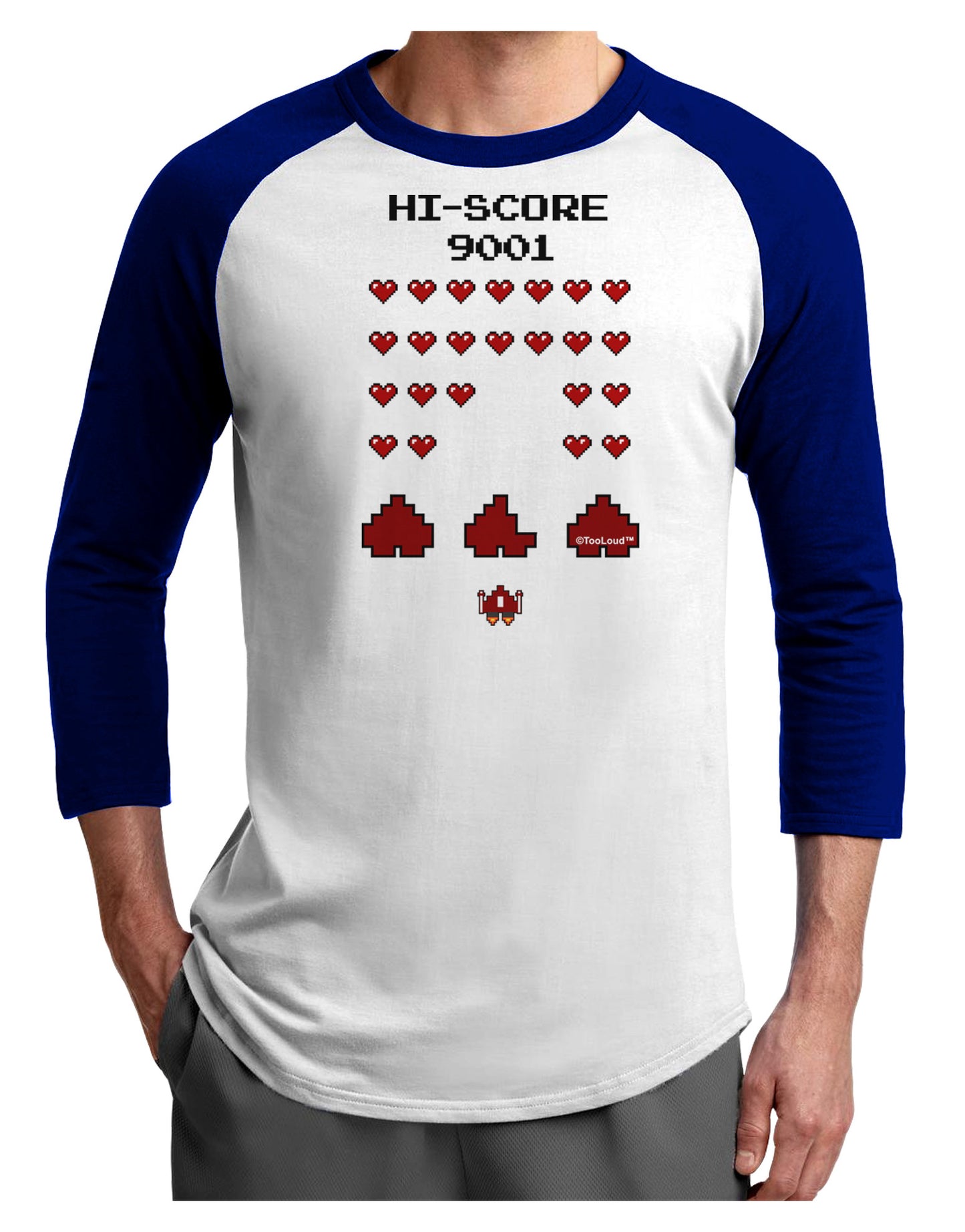 Pixel Heart Invaders Design Adult Raglan Shirt-TooLoud-White-Royal-X-Small-Davson Sales