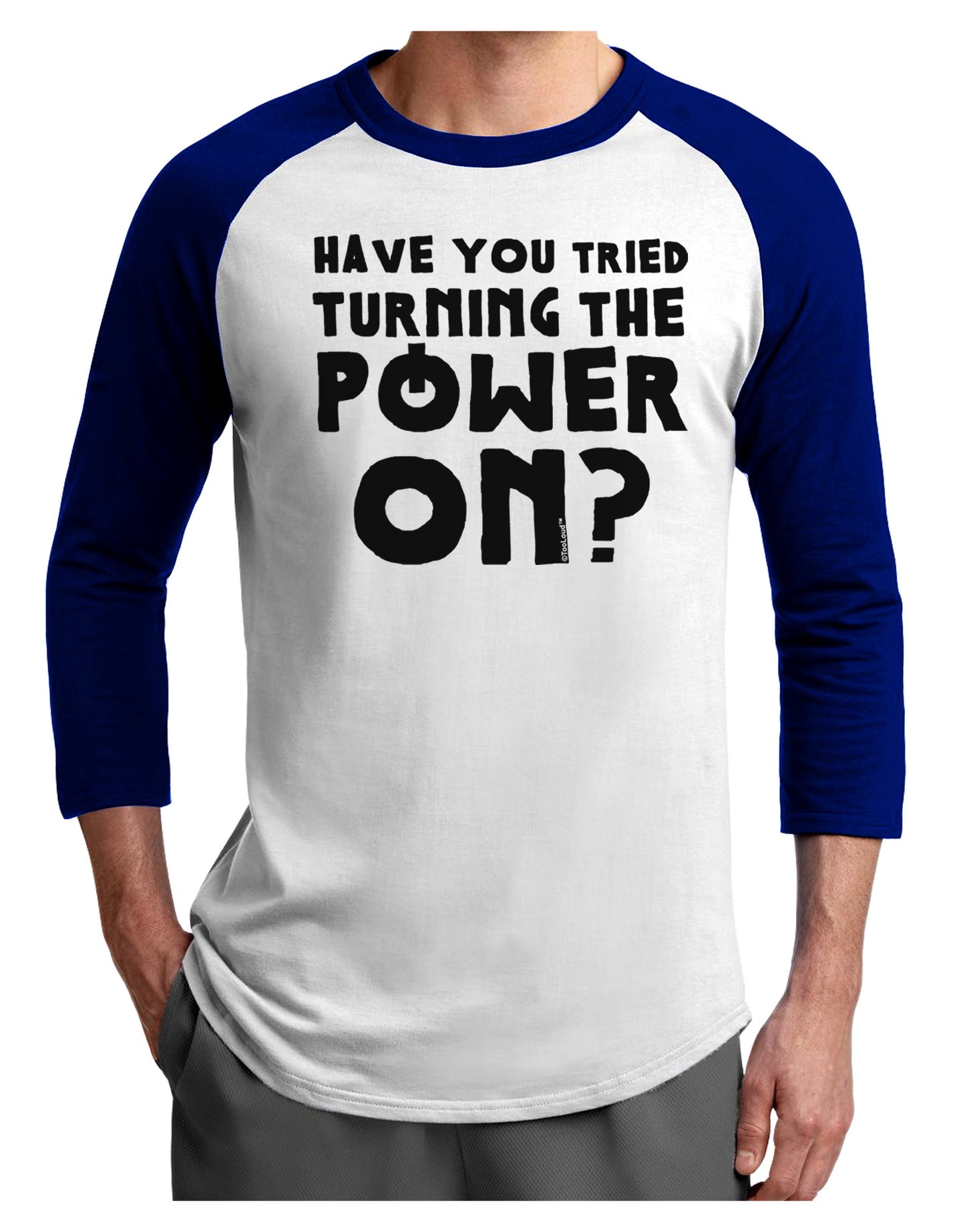 Turning the Power On Adult Raglan Shirt-TooLoud-White-Royal-X-Small-Davson Sales