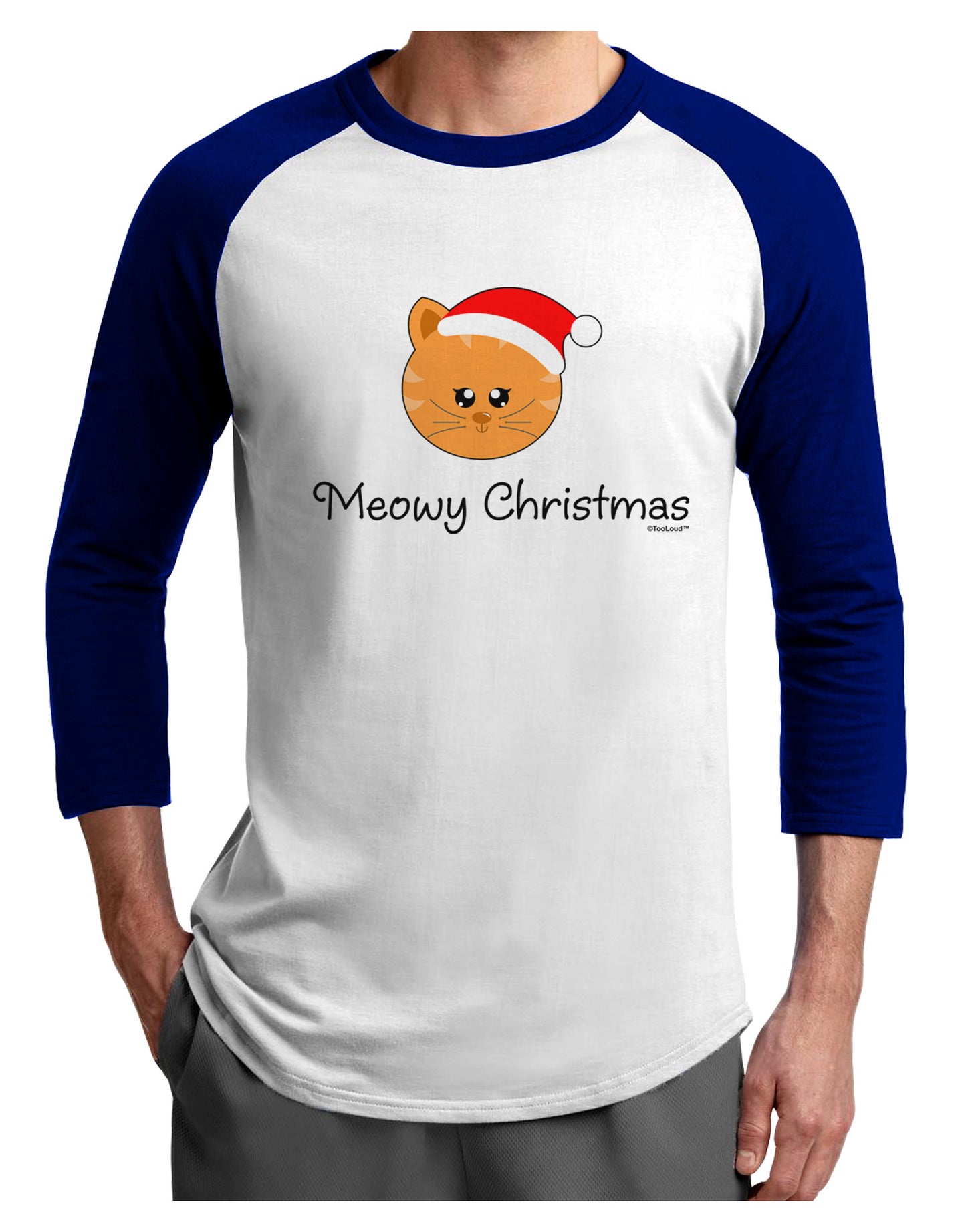 Meowy Christmas Cute Cat Santa Hat Adult Raglan Shirt-TooLoud-White-Royal-X-Small-Davson Sales