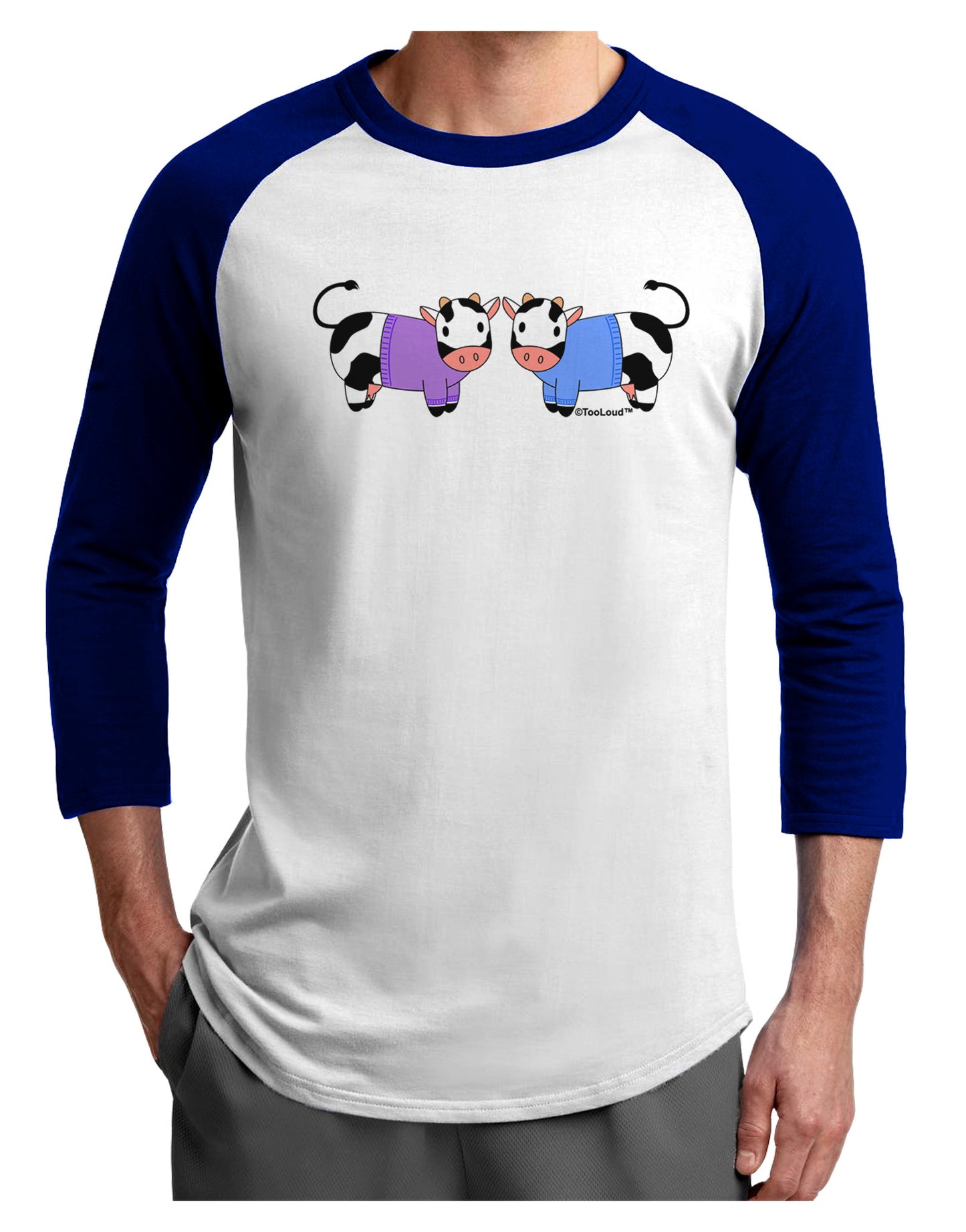 Cute Pair of Sweater Cows Adult Raglan Shirt-TooLoud-White-Royal-X-Small-Davson Sales