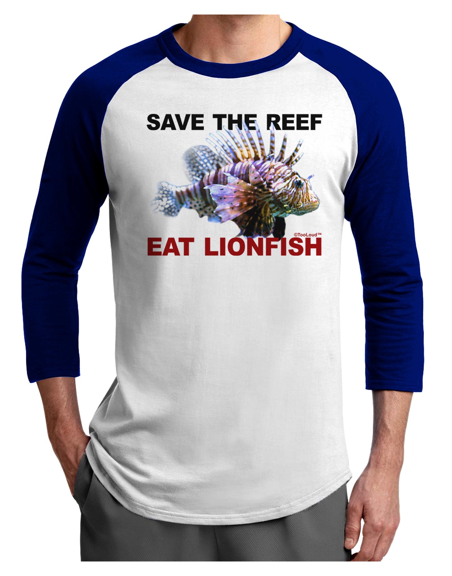Save the Reef - Eat Lionfish Adult Raglan Shirt-Raglan Shirt-TooLoud-White-Royal-X-Small-Davson Sales