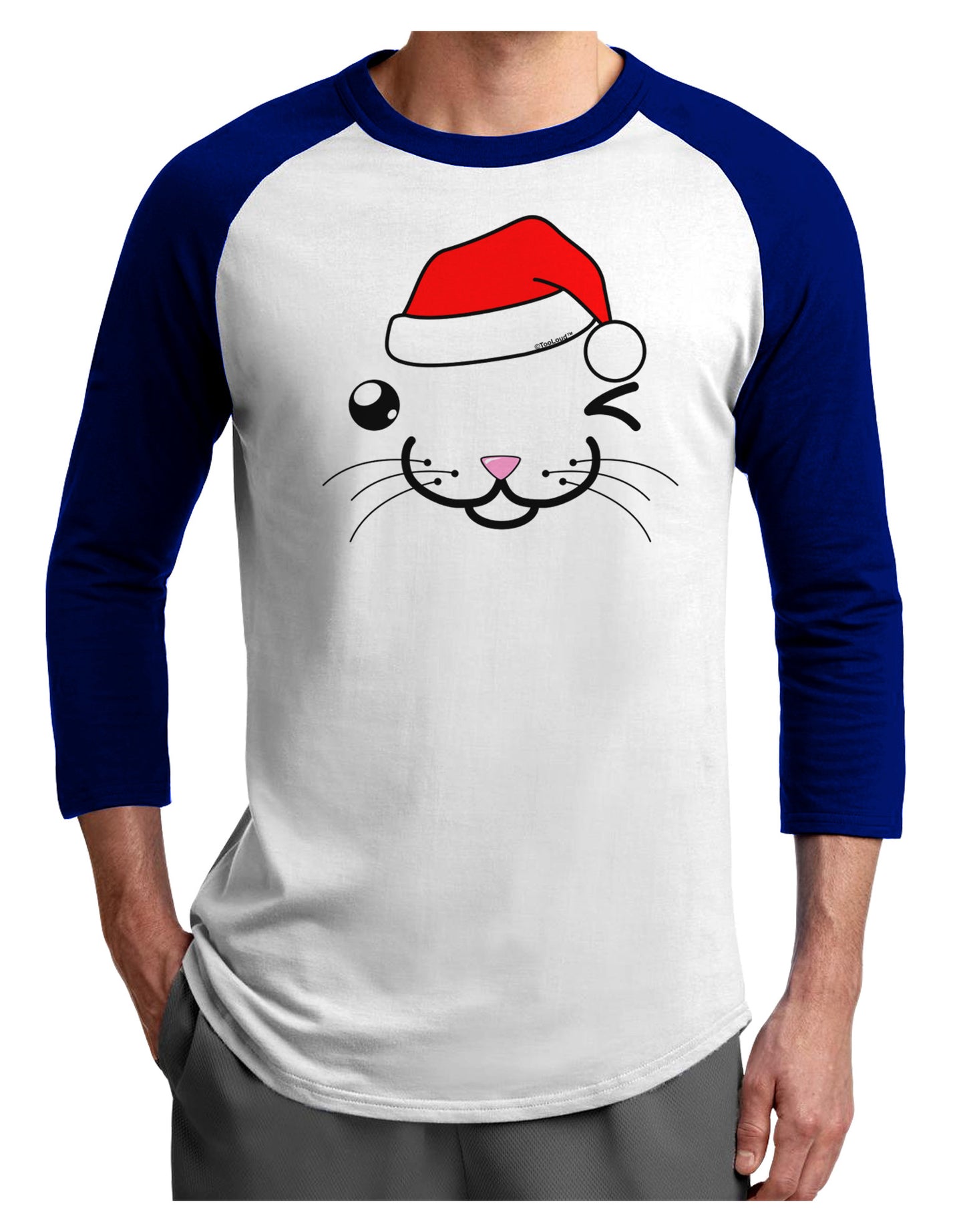 Kyu-T Face Kattio Santa Hat Boy Cat Adult Raglan Shirt-TooLoud-White-Royal-X-Small-Davson Sales