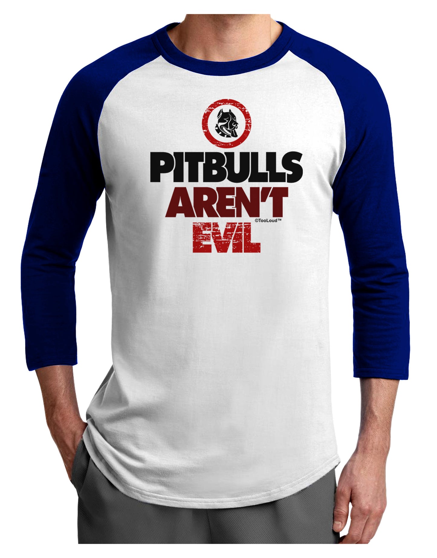 Distressed Pitbulls Aren't Evil Adult Raglan Shirt-TooLoud-White-Royal-X-Small-Davson Sales