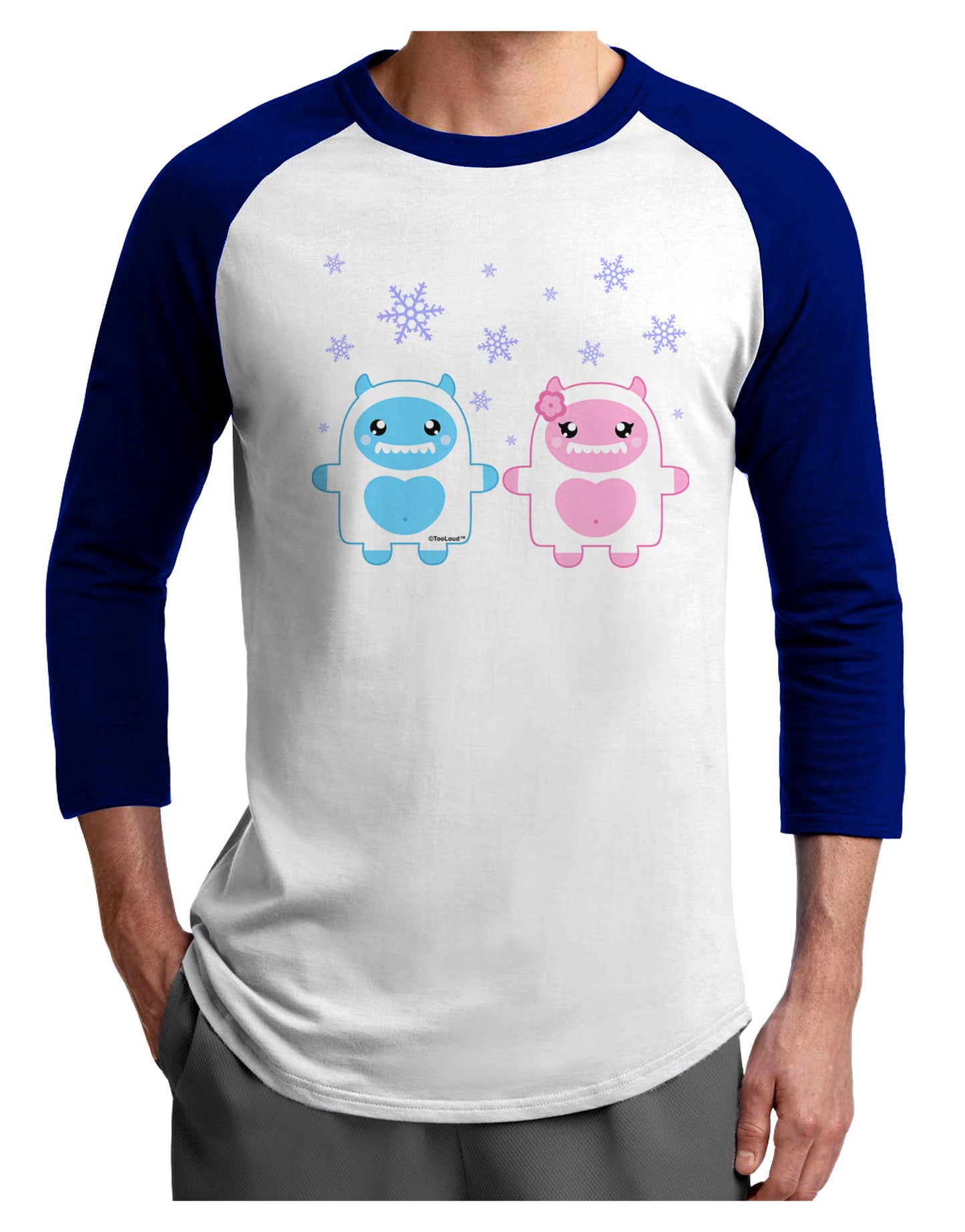 Cute Abominable Snowman Yeti Couple - Christmas Adult Raglan Shirt-TooLoud-White-Royal-X-Small-Davson Sales