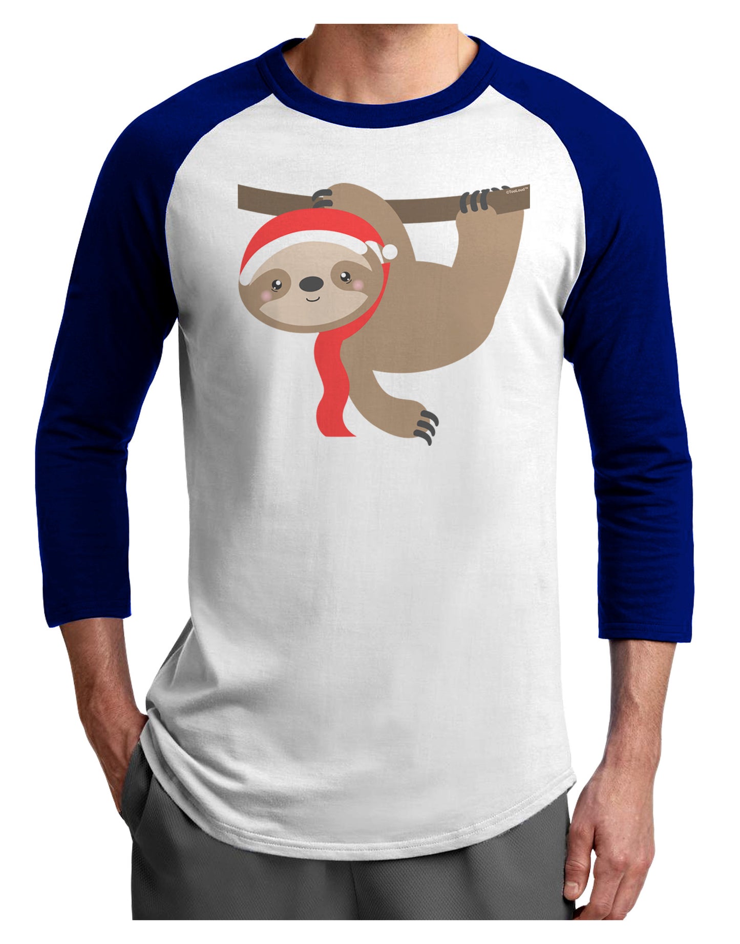 Cute Christmas Sloth with Santa Hat Adult Raglan Shirt-TooLoud-White-Royal-X-Small-Davson Sales