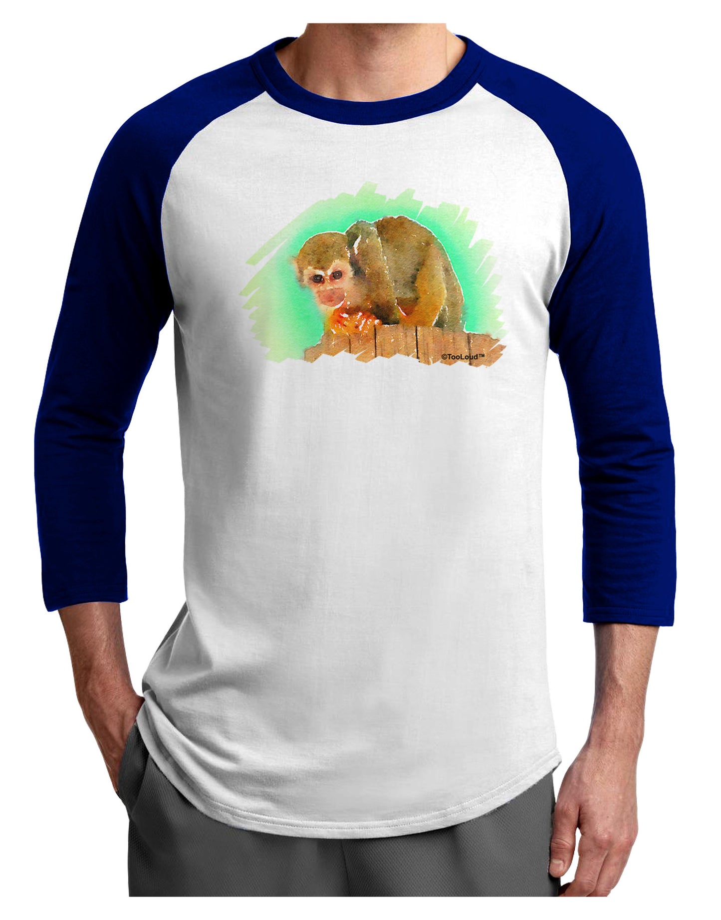 Squirrel Monkey Watercolor Adult Raglan Shirt-TooLoud-White-Royal-X-Small-Davson Sales