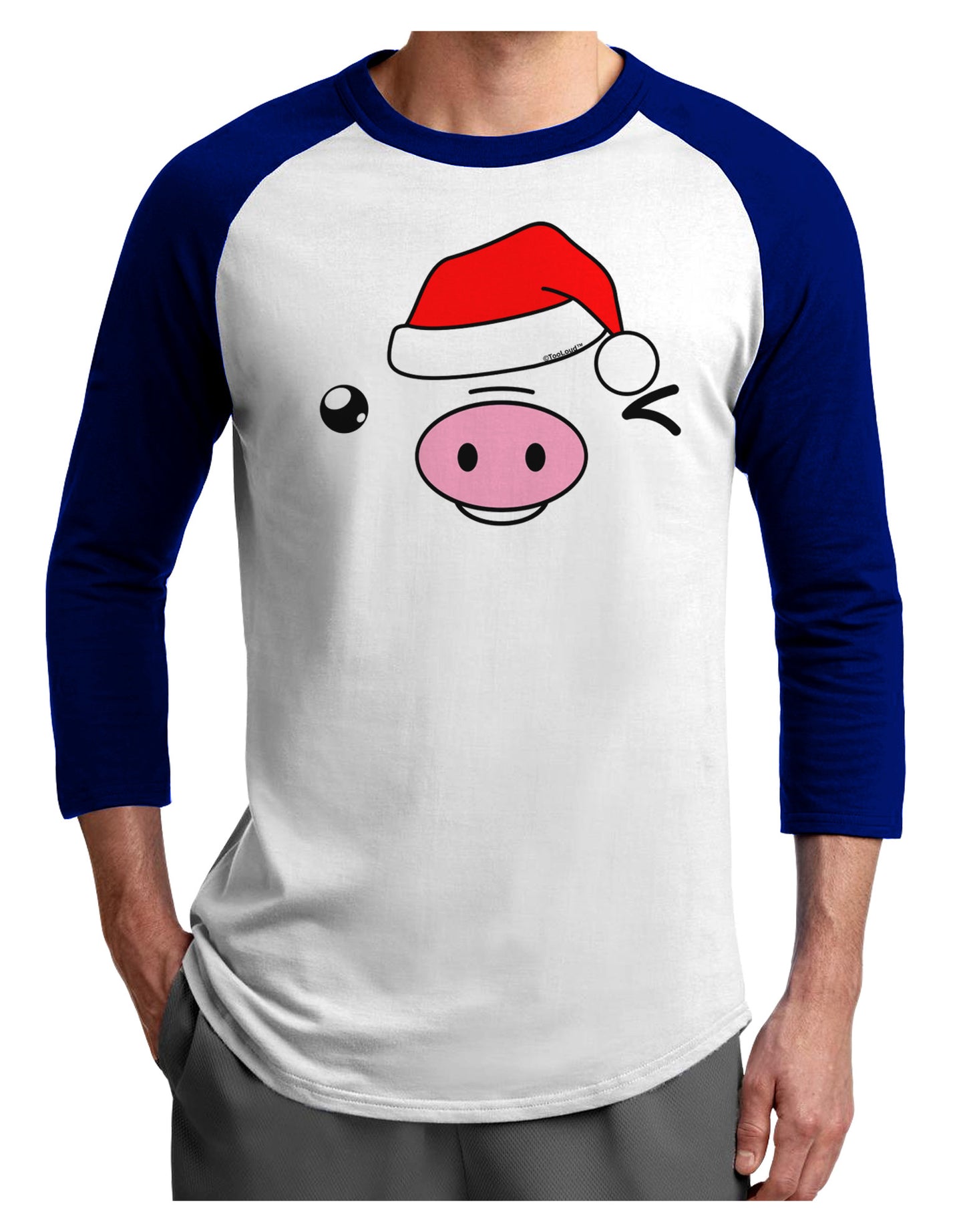 Kyu-T Face Oinkz Santa Hat Boy Pig Adult Raglan Shirt-TooLoud-White-Royal-X-Small-Davson Sales