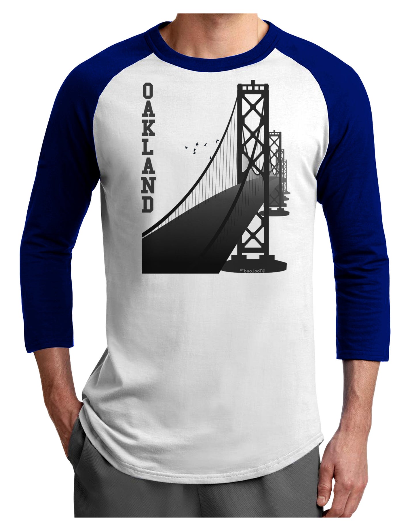 Oakland Text Bay Bridge Adult Raglan Shirt-Raglan Shirt-TooLoud-White-Royal-X-Small-Davson Sales